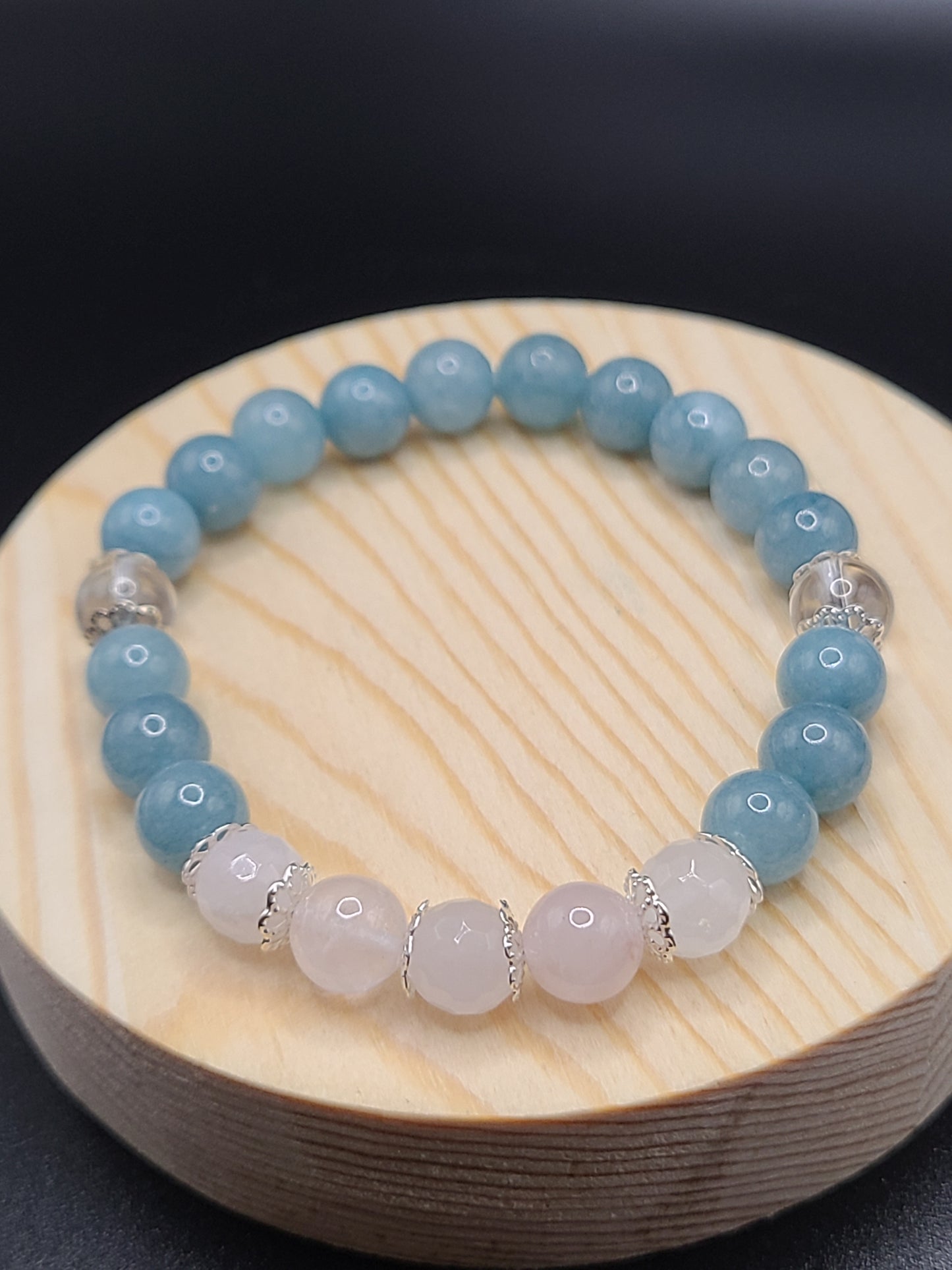 Faceted and Smooth Rose Quartz, Clear Quartz, Aquamarine Natural Gemstone Bracelet with flower spacers.