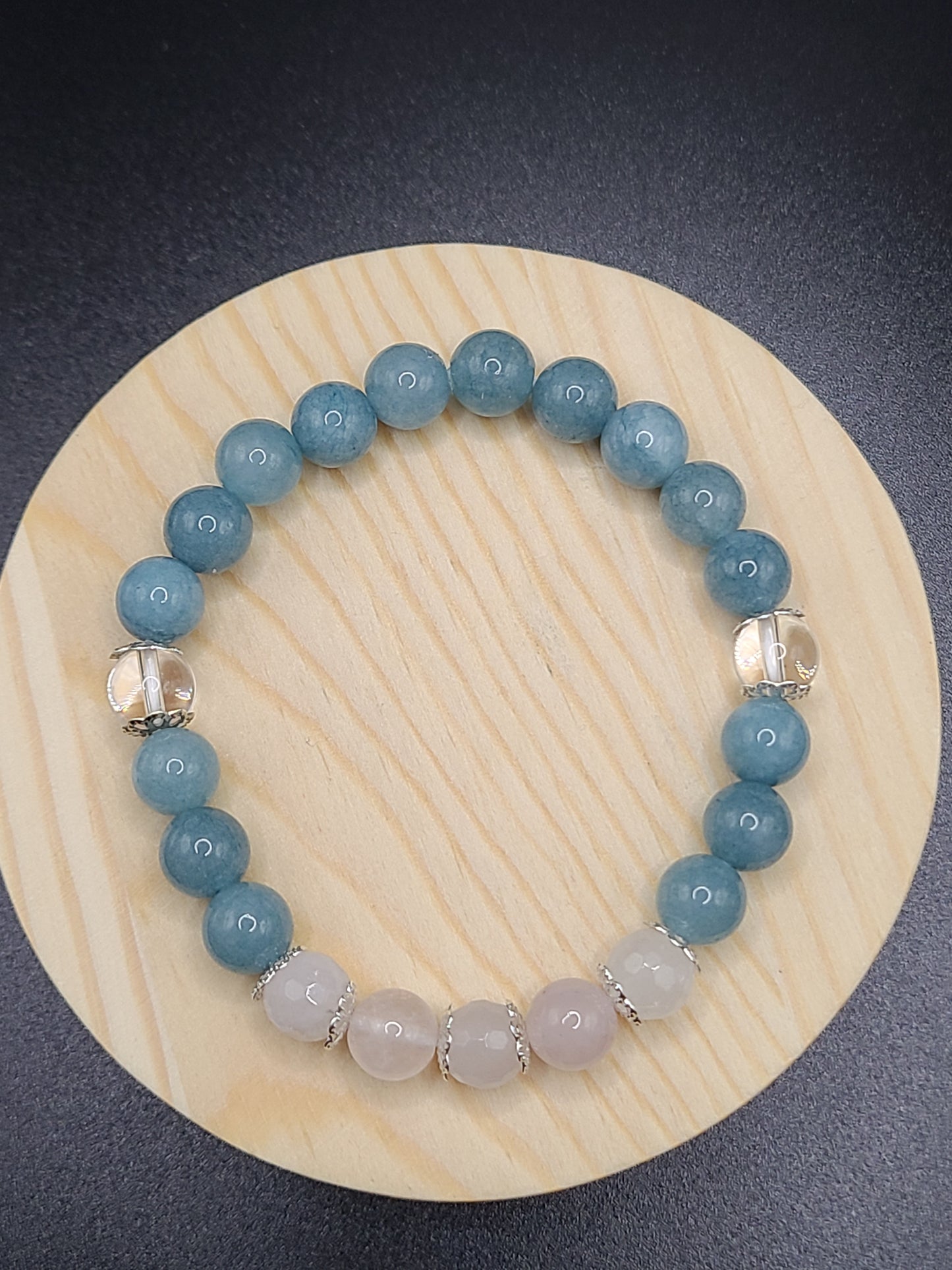 Faceted and Smooth Rose Quartz, Clear Quartz, Aquamarine Natural Gemstone Bracelet with flower spacers.