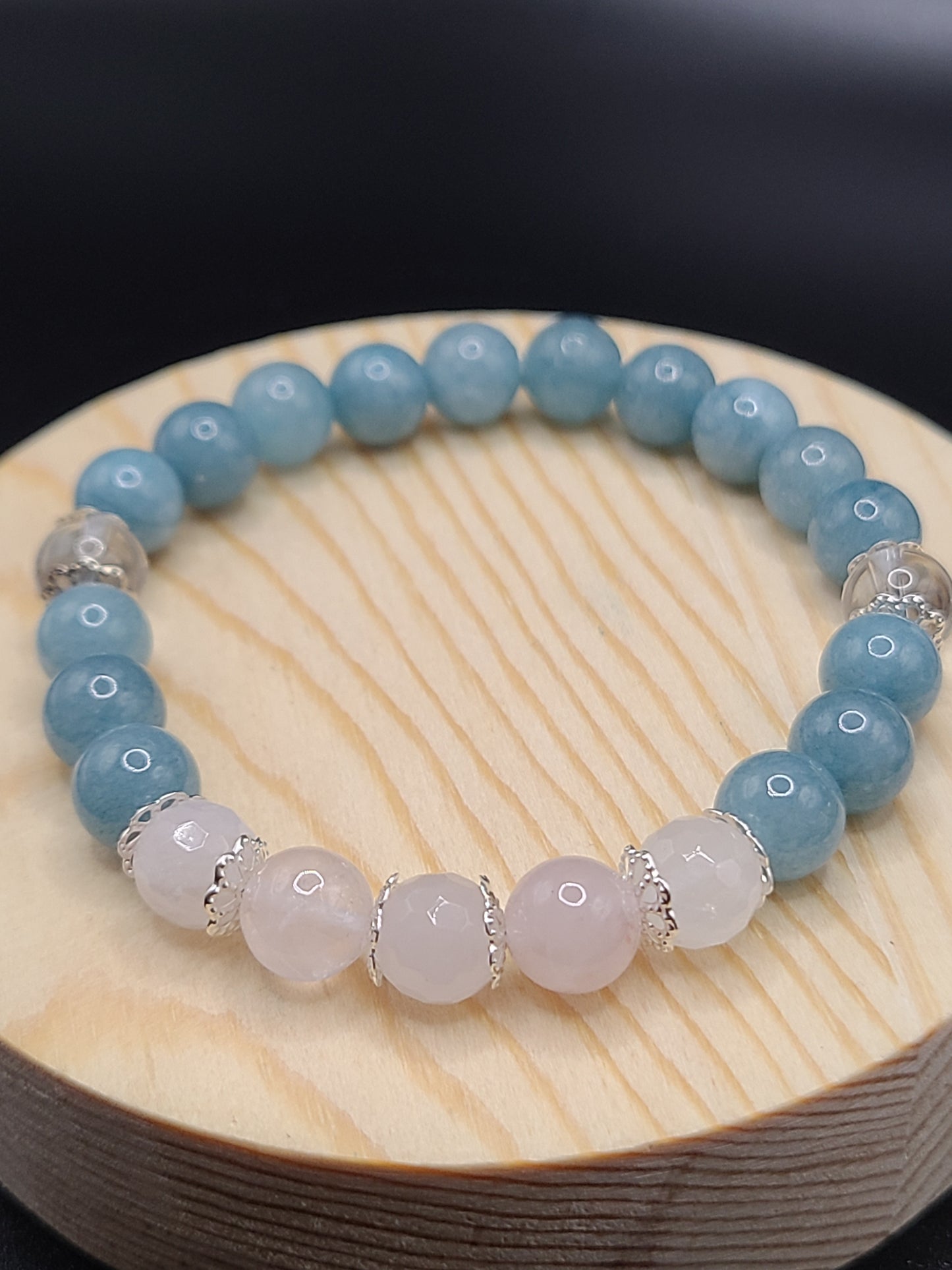 Faceted and Smooth Rose Quartz, Clear Quartz, Aquamarine Natural Gemstone Bracelet with flower spacers.