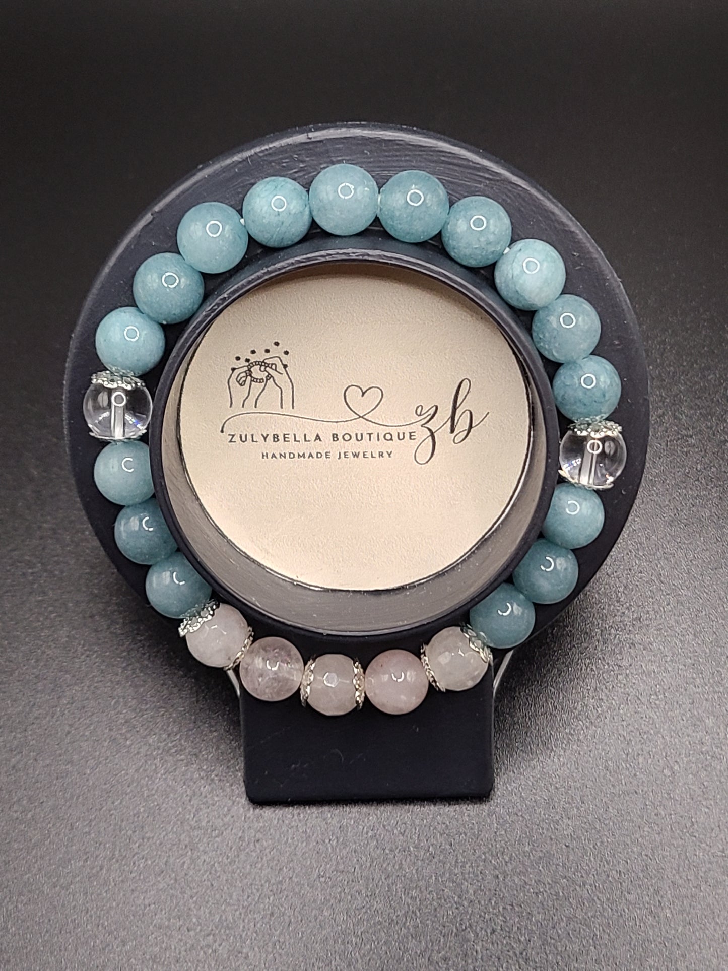 Faceted and Smooth Rose Quartz, Clear Quartz, Aquamarine Natural Gemstone Bracelet with flower spacers.