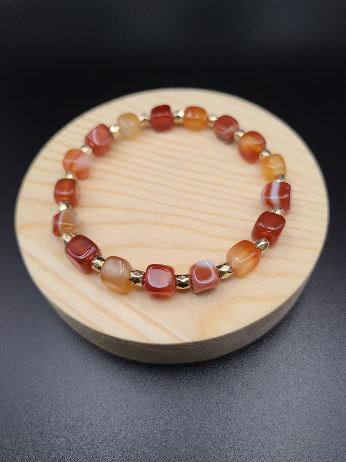 Carnelian Cube Natural Gemstone Bracelet with Gold Tone Spacers.