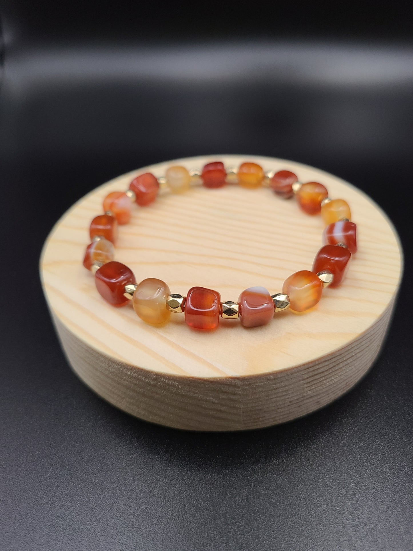 Carnelian Cube Natural Gemstone Bracelet with Gold Tone Spacers.