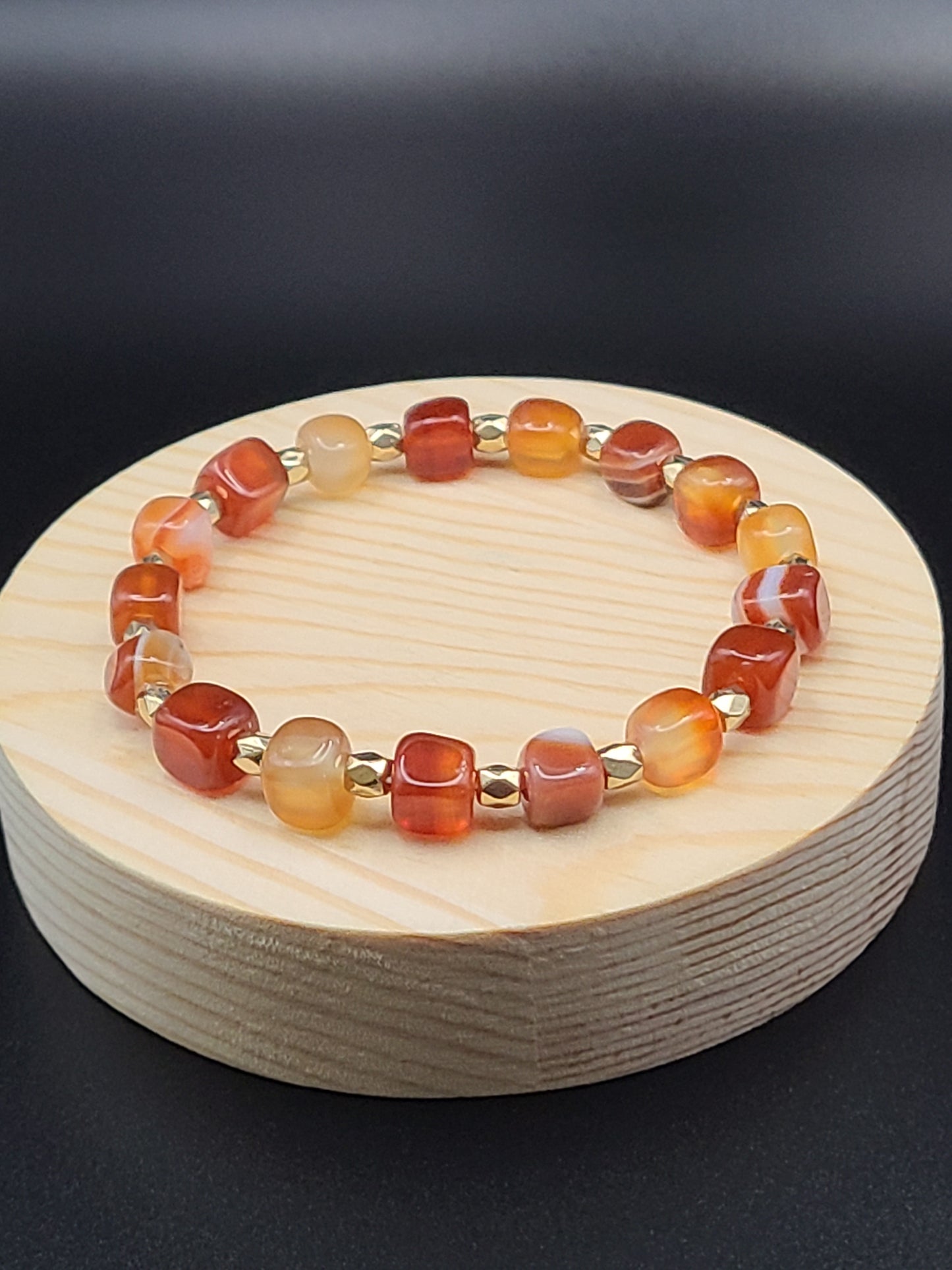 Carnelian Cube Natural Gemstone Bracelet with Gold Tone Spacers.