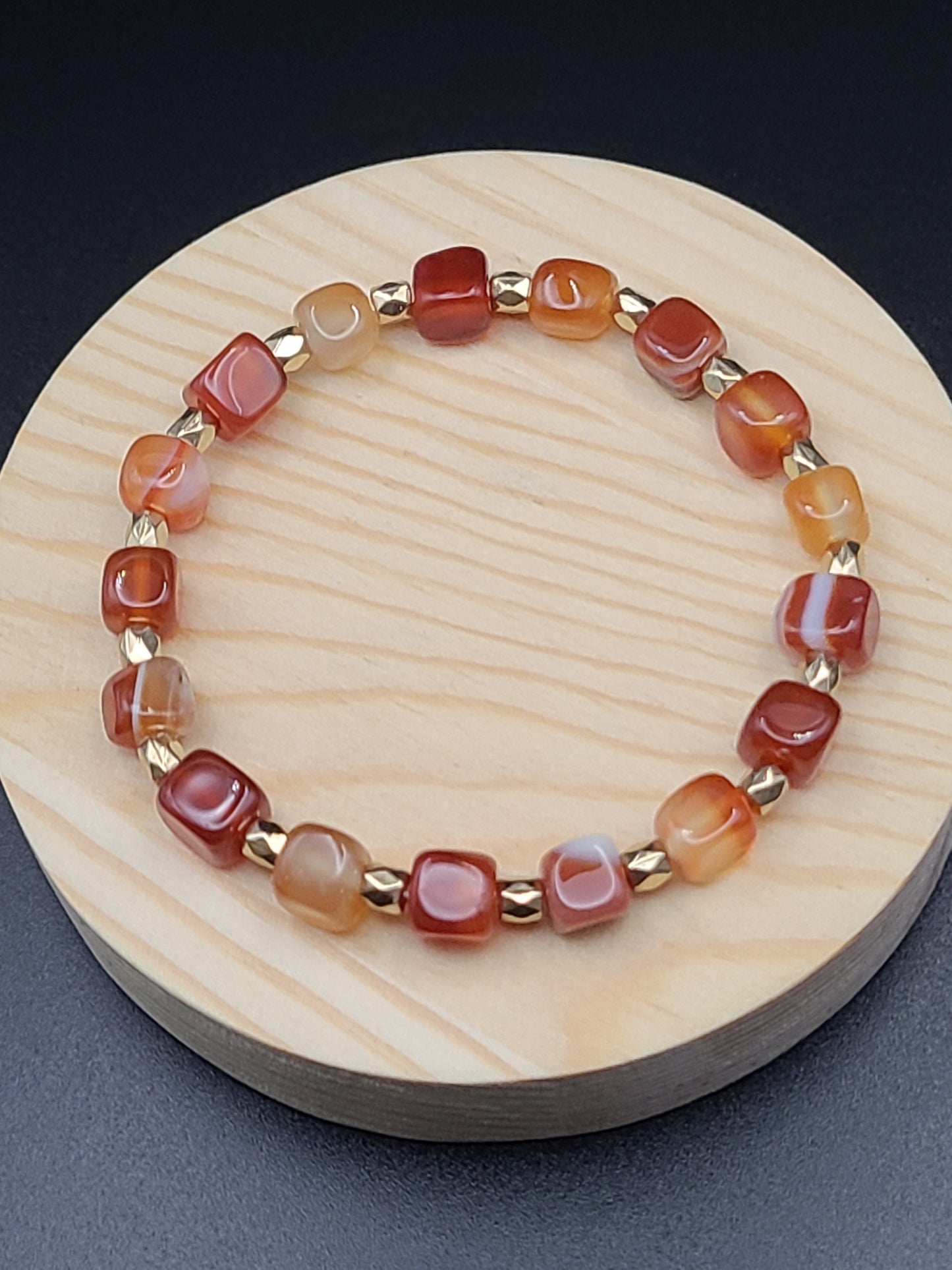 Carnelian Cube Natural Gemstone Bracelet with Gold Tone Spacers.