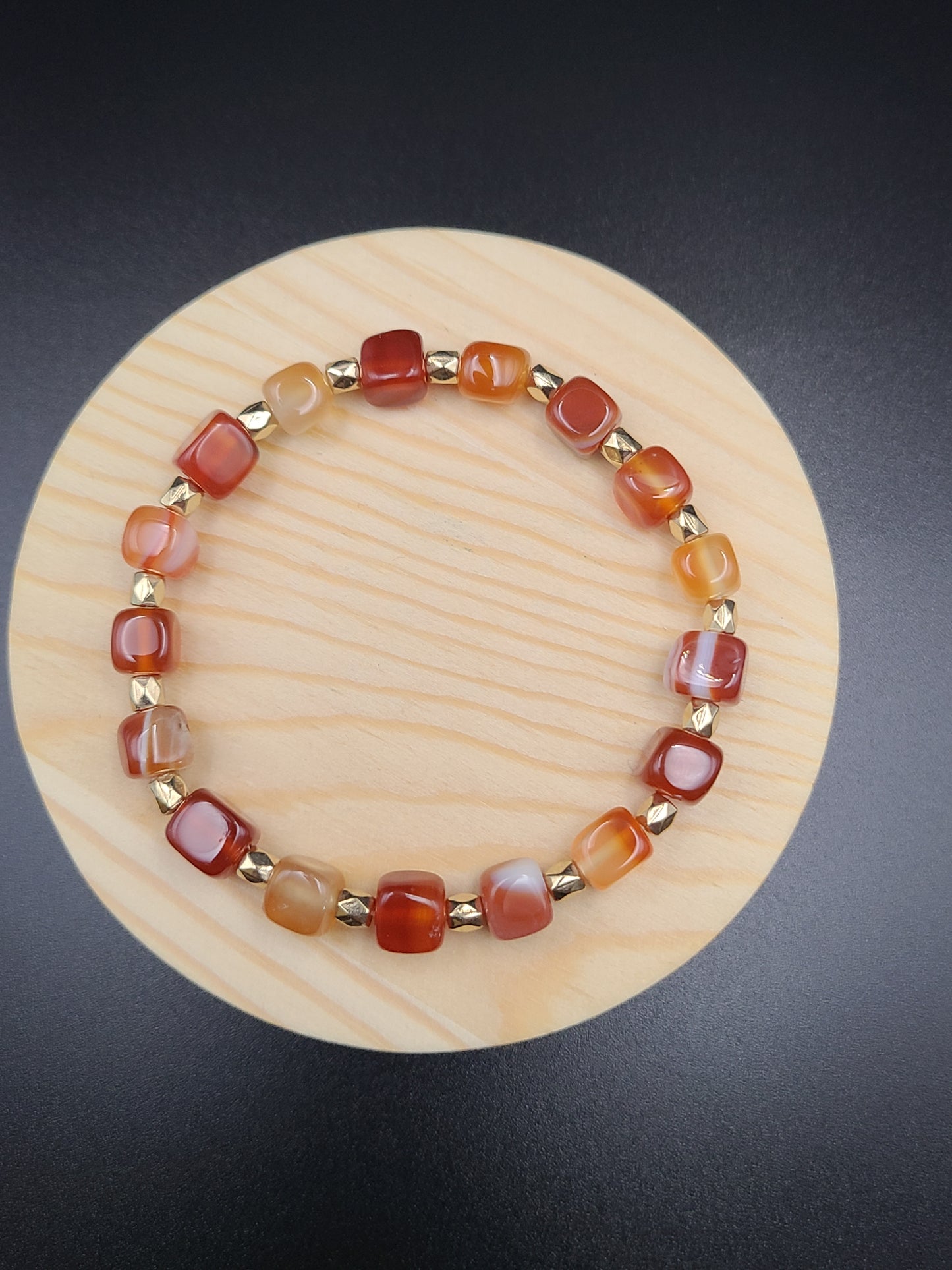 Carnelian Cube Natural Gemstone Bracelet with Gold Tone Spacers.