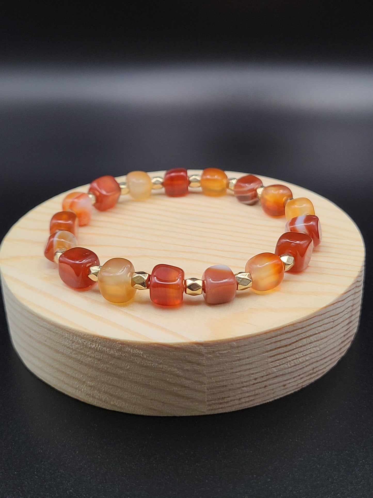 Carnelian Cube Natural Gemstone Bracelet with Gold Tone Spacers.