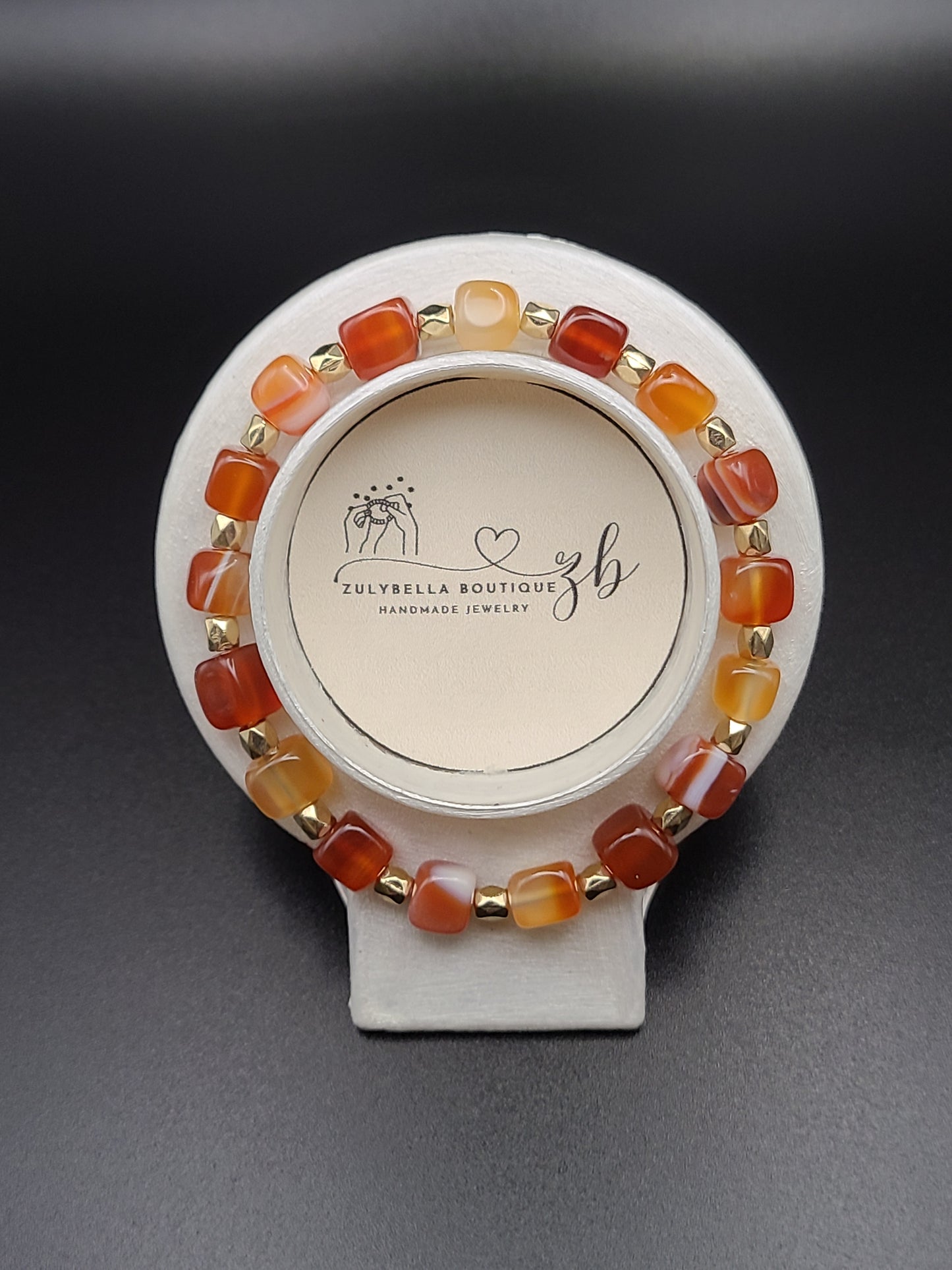 Carnelian Cube Natural Gemstone Bracelet with Gold Tone Spacers.