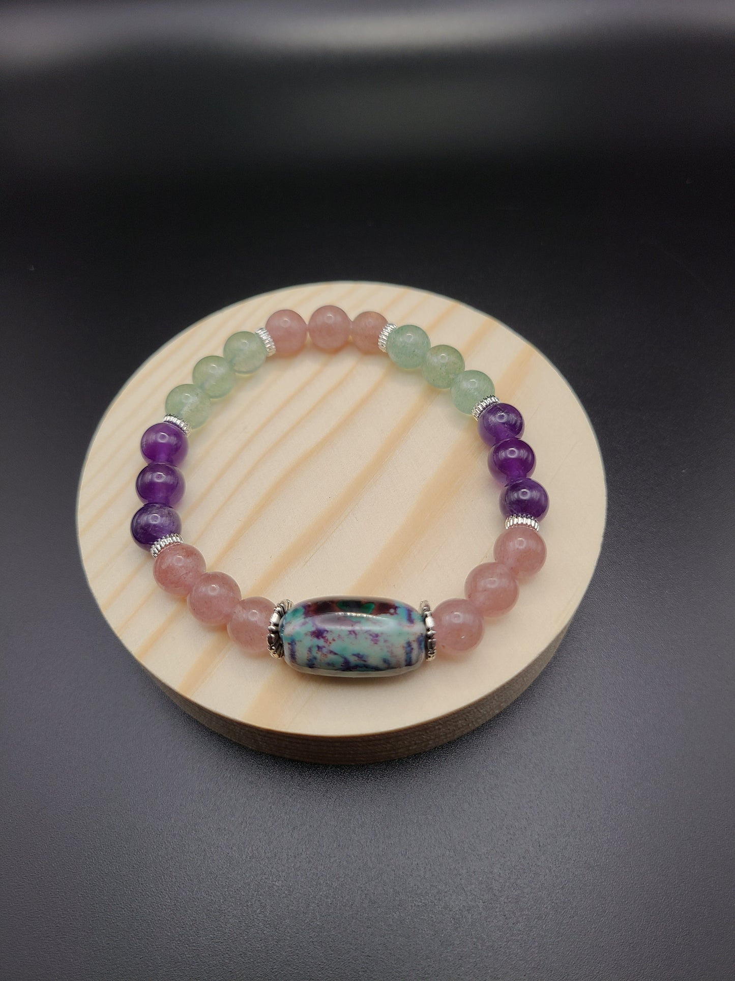 Mixed Strawberry Quartz Natural Gemstone Bracelet with Ceramic Barrel Focal Bead