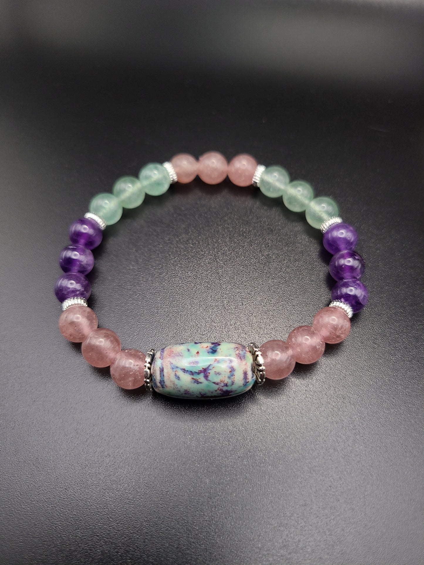 Mixed Strawberry Quartz Natural Gemstone Bracelet with Ceramic Barrel Focal Bead