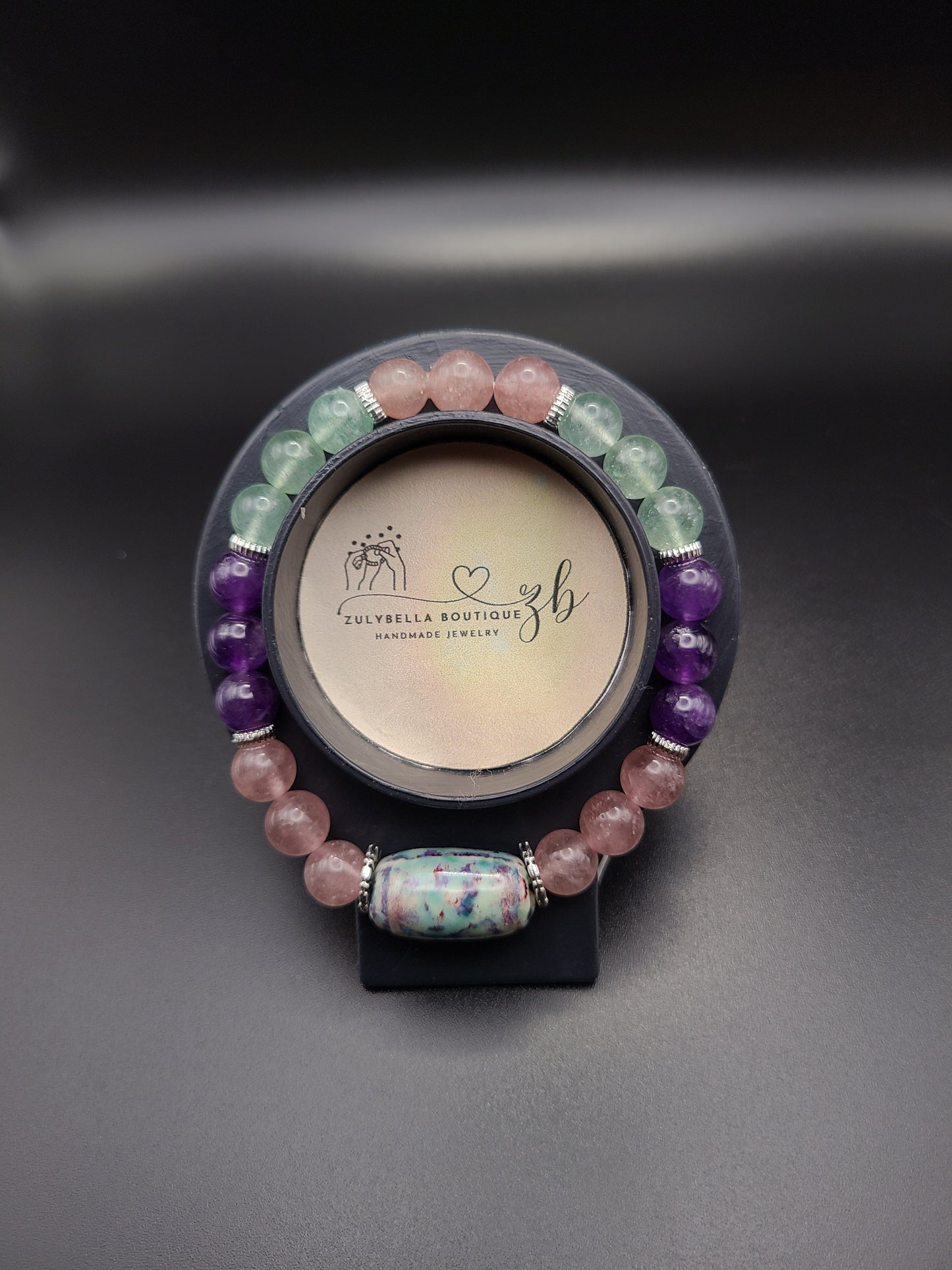 Mixed Strawberry Quartz Natural Gemstone Bracelet with Ceramic Barrel Focal Bead