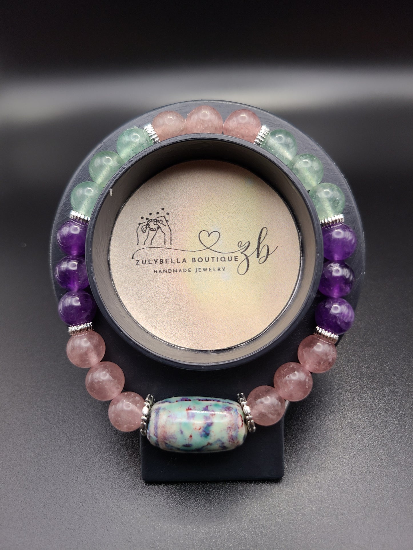 Mixed Strawberry Quartz Natural Gemstone Bracelet with Ceramic Barrel Focal Bead