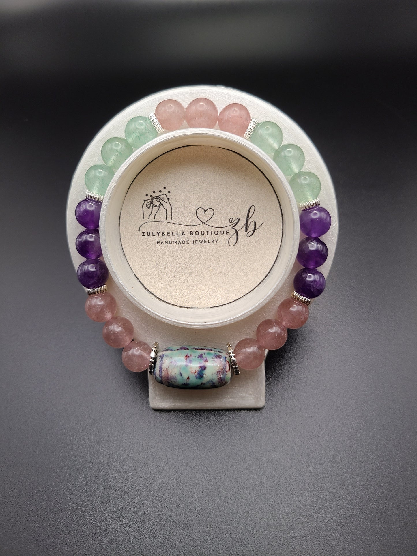 Mixed Strawberry Quartz Natural Gemstone Bracelet with Ceramic Barrel Focal Bead