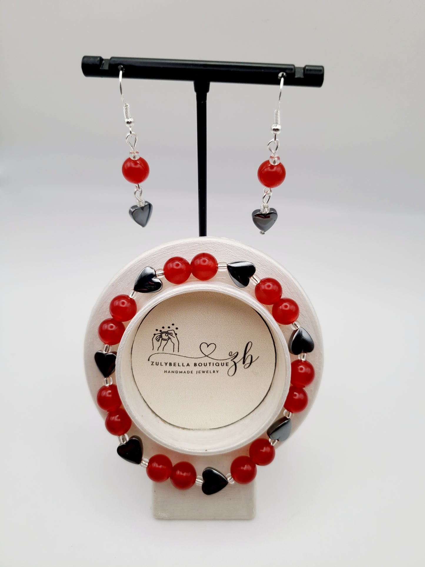 Hematite Heart and Red Jade Natural Gemstone Bracelet and Earring Set