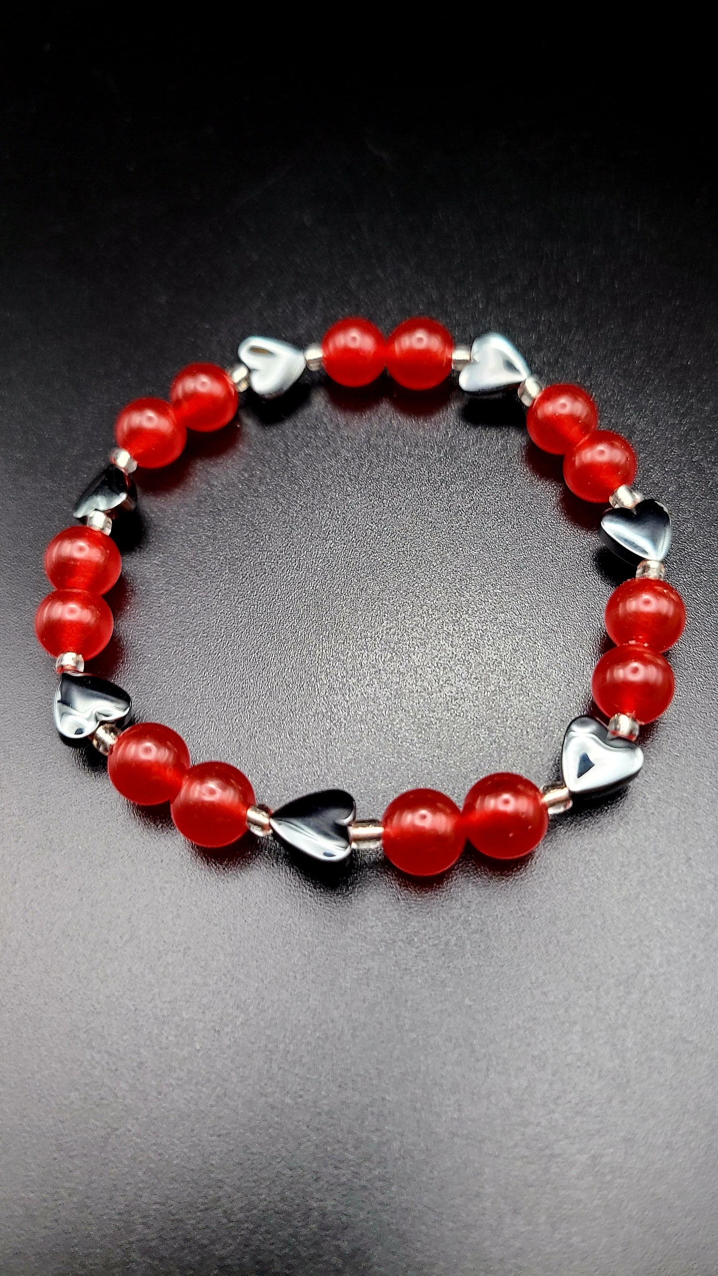 Hematite Heart and Red Jade Natural Gemstone Bracelet and Earring Set