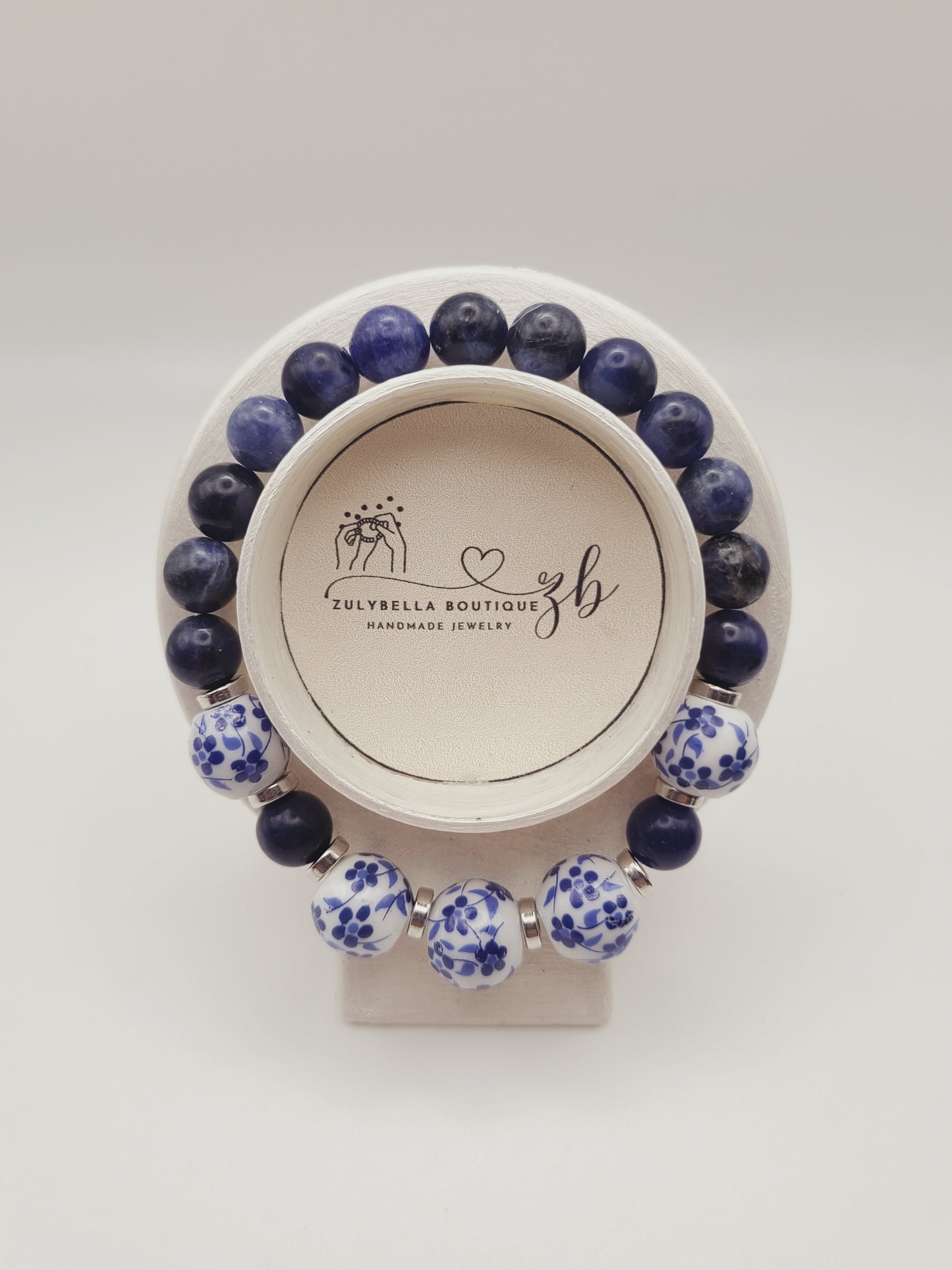 Natural Gemstone Bracelet- Mixed Beads- Sodalite and Ceramic Beads