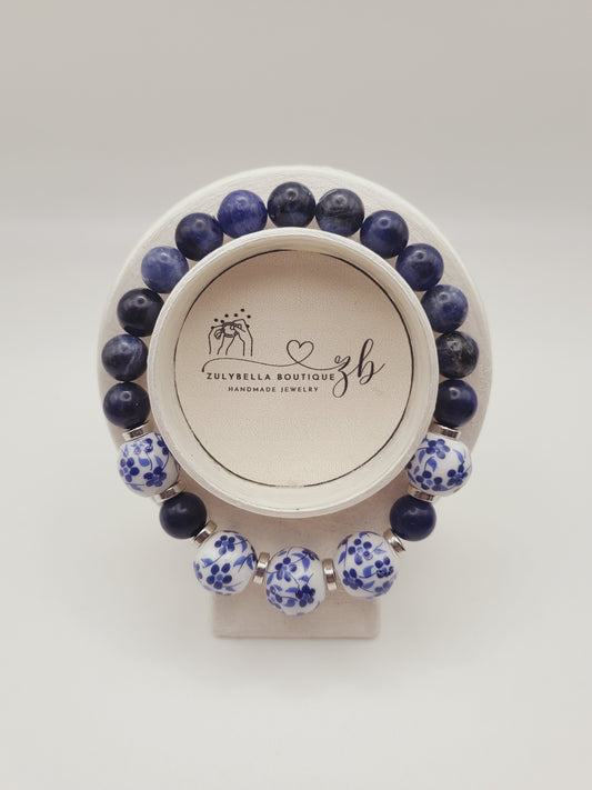 Natural Gemstone Bracelet- Mixed Beads- Sodalite and Ceramic Beads