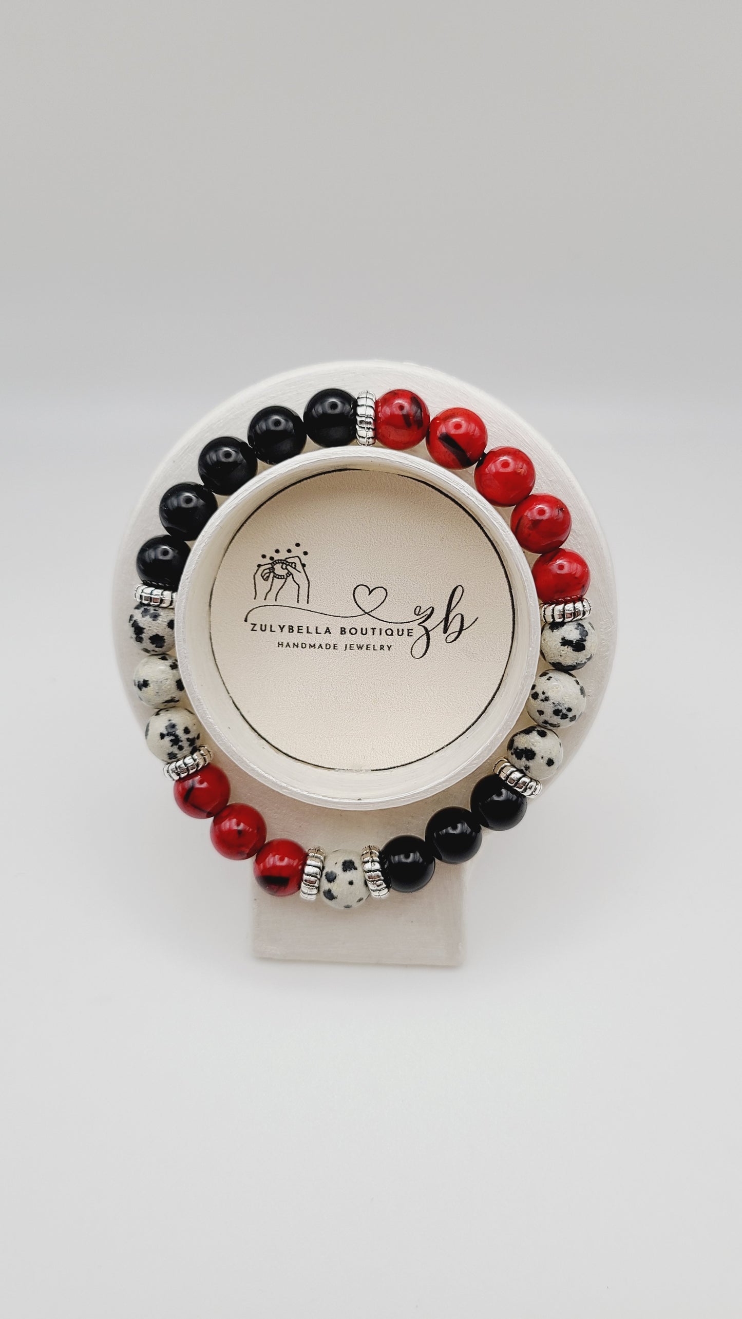 Natural Gemstone Bracelet- Dalmatian Jasper and Red Sea Shell- Choose Style