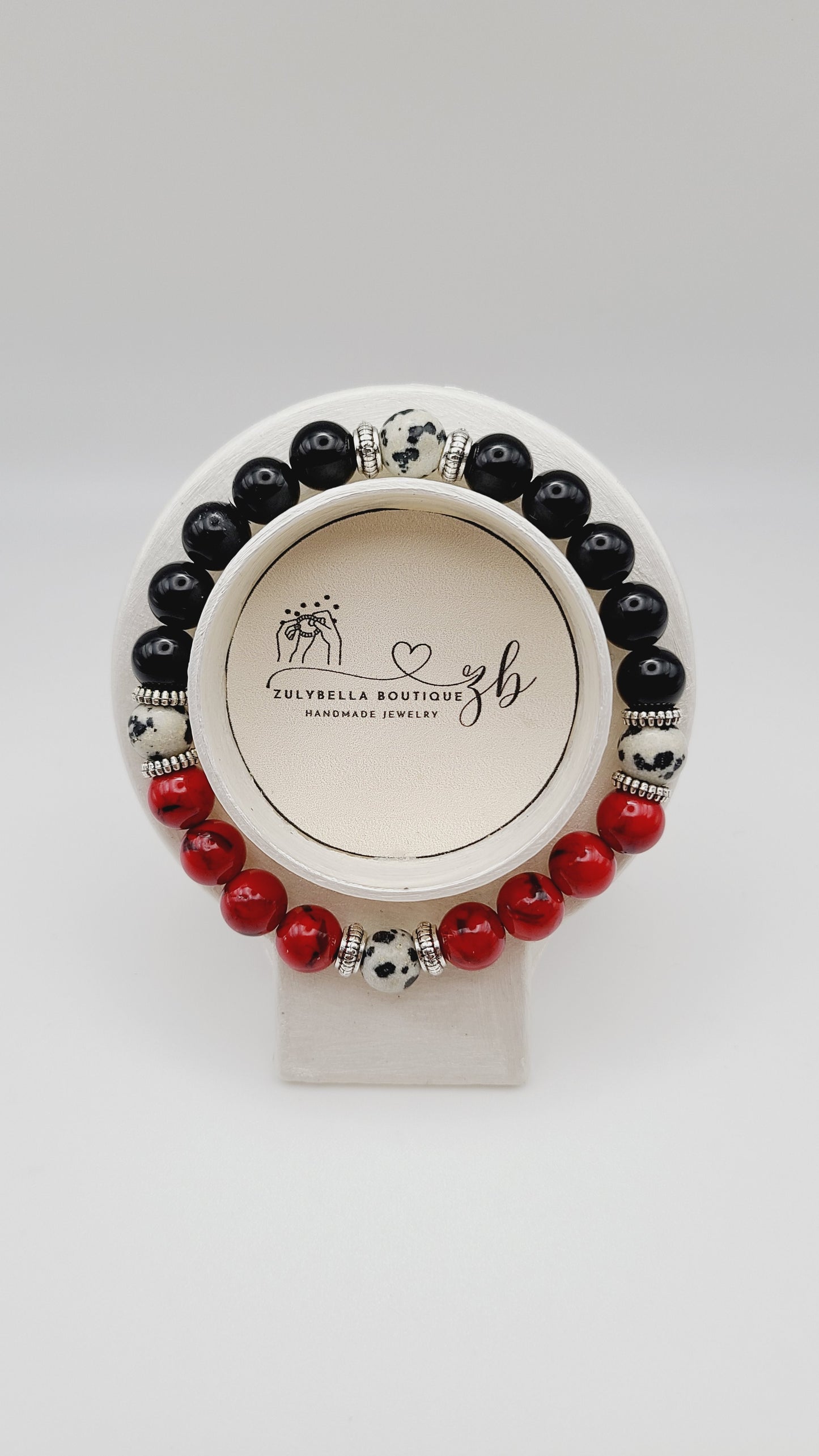 Natural Gemstone Bracelet- Dalmatian Jasper and Red Sea Shell- Choose Style