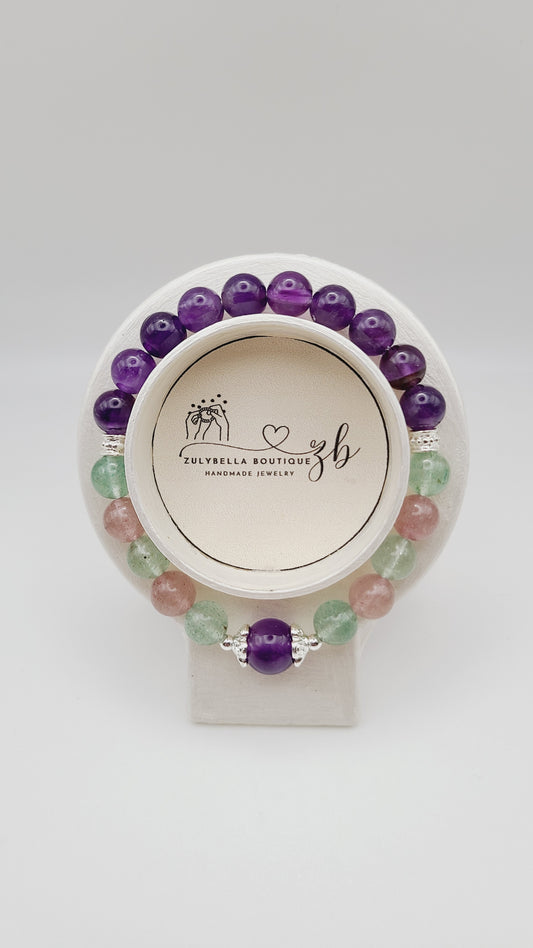 Natural Gemstone Bracelet- Strawberry Quartz and Amethyst