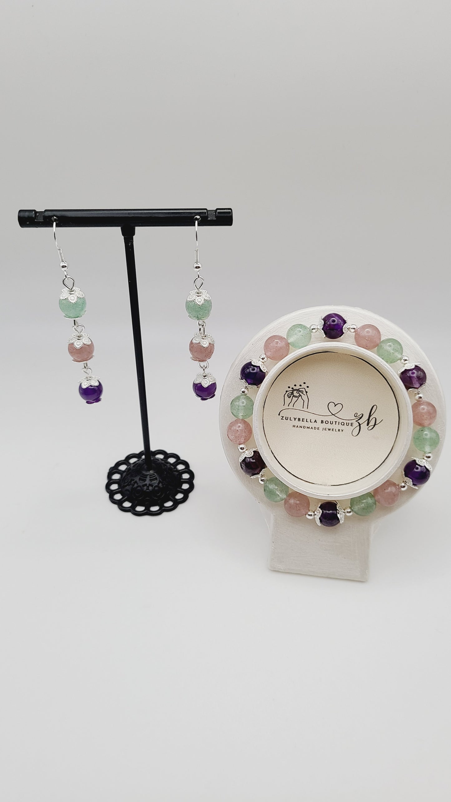 Natural Gemstone Bracelet and Earring Set- Mixed Strawberry Quartz