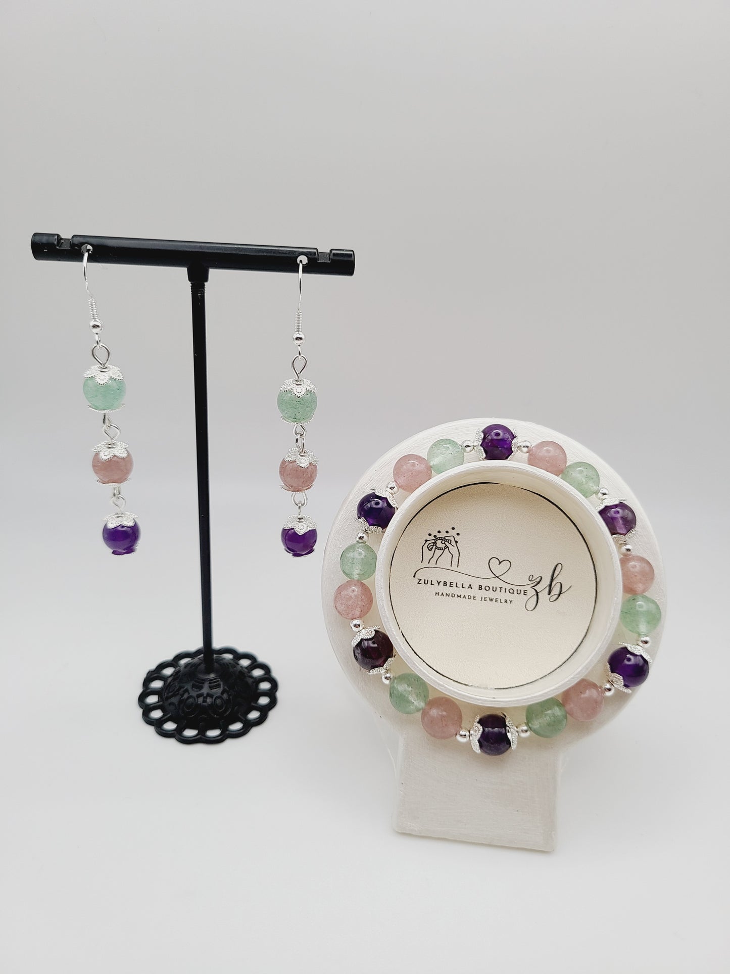 Natural Gemstone Bracelet and Earring Set- Mixed Strawberry Quartz