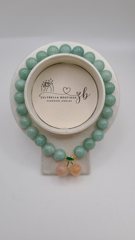 Natural Gemstone Bracelet- Celeste Jade with Yanyuan Agate Cherry Charm