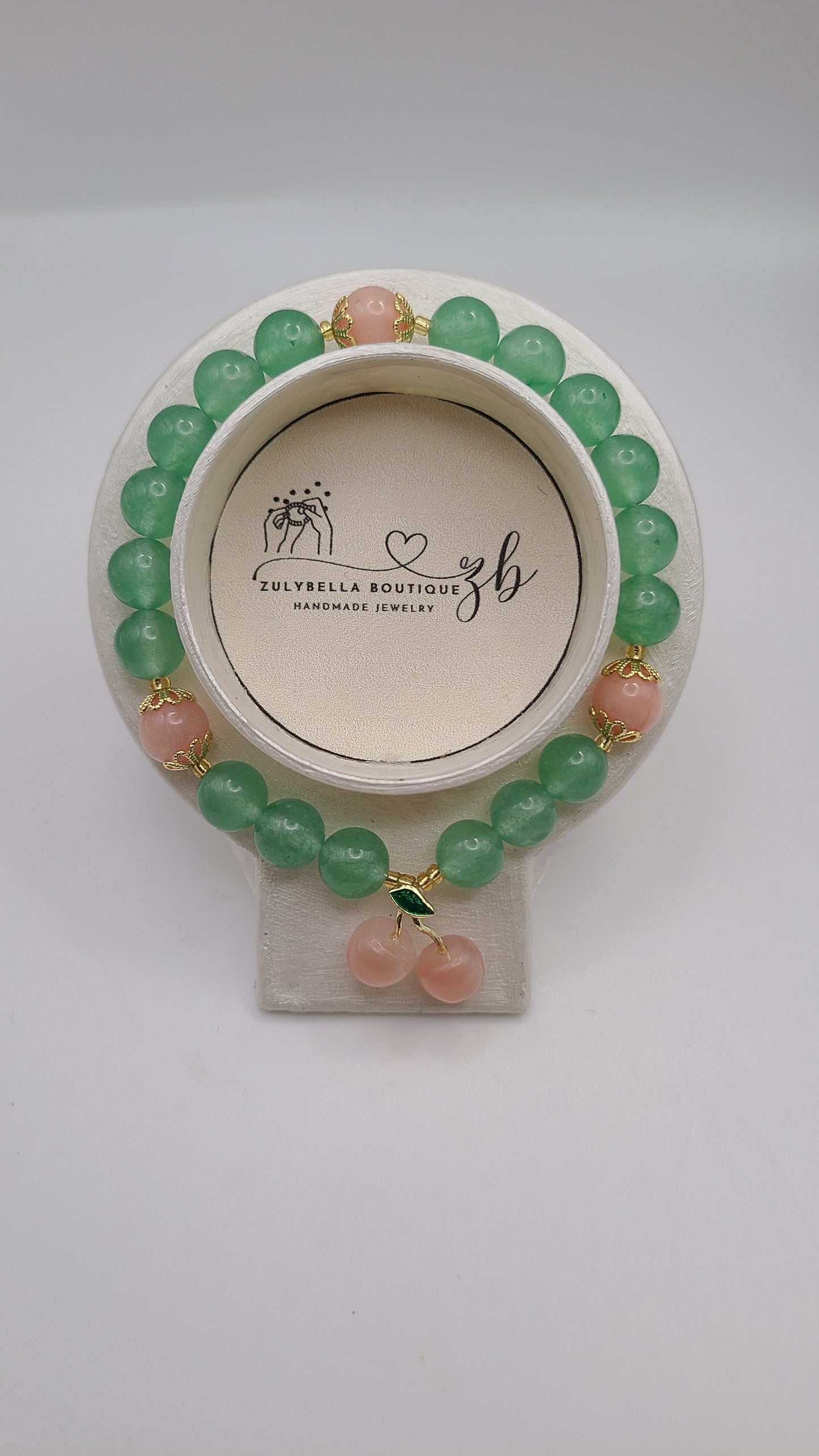 Natural Gemstone Bracelet- Green Aventurine, Pink Peach Jade with Cherry Agate Charm