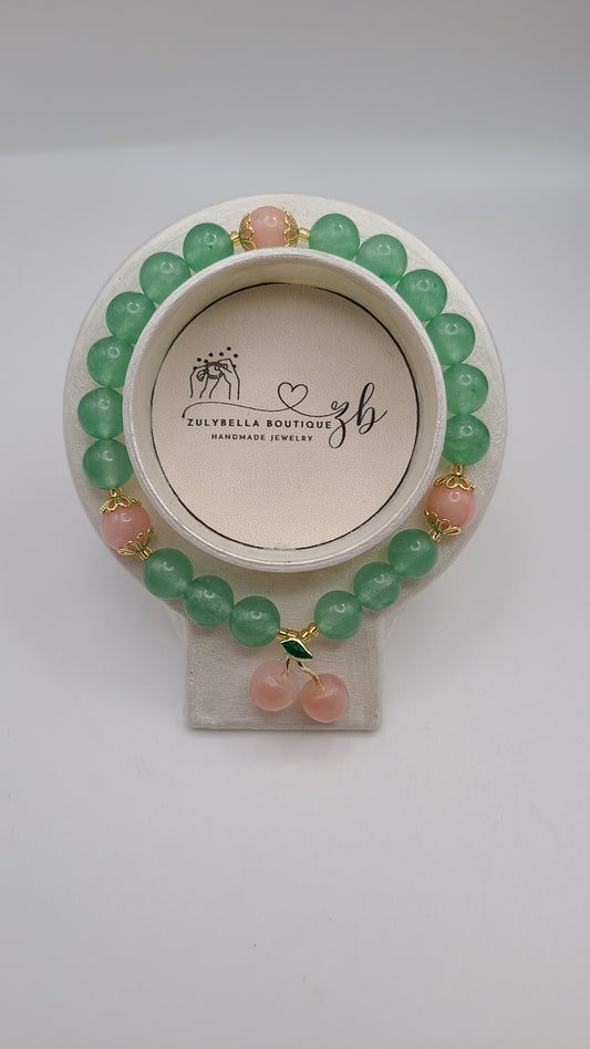 Natural Gemstone Bracelet- Green Aventurine, Pink Peach Jade with Cherry Agate Charm