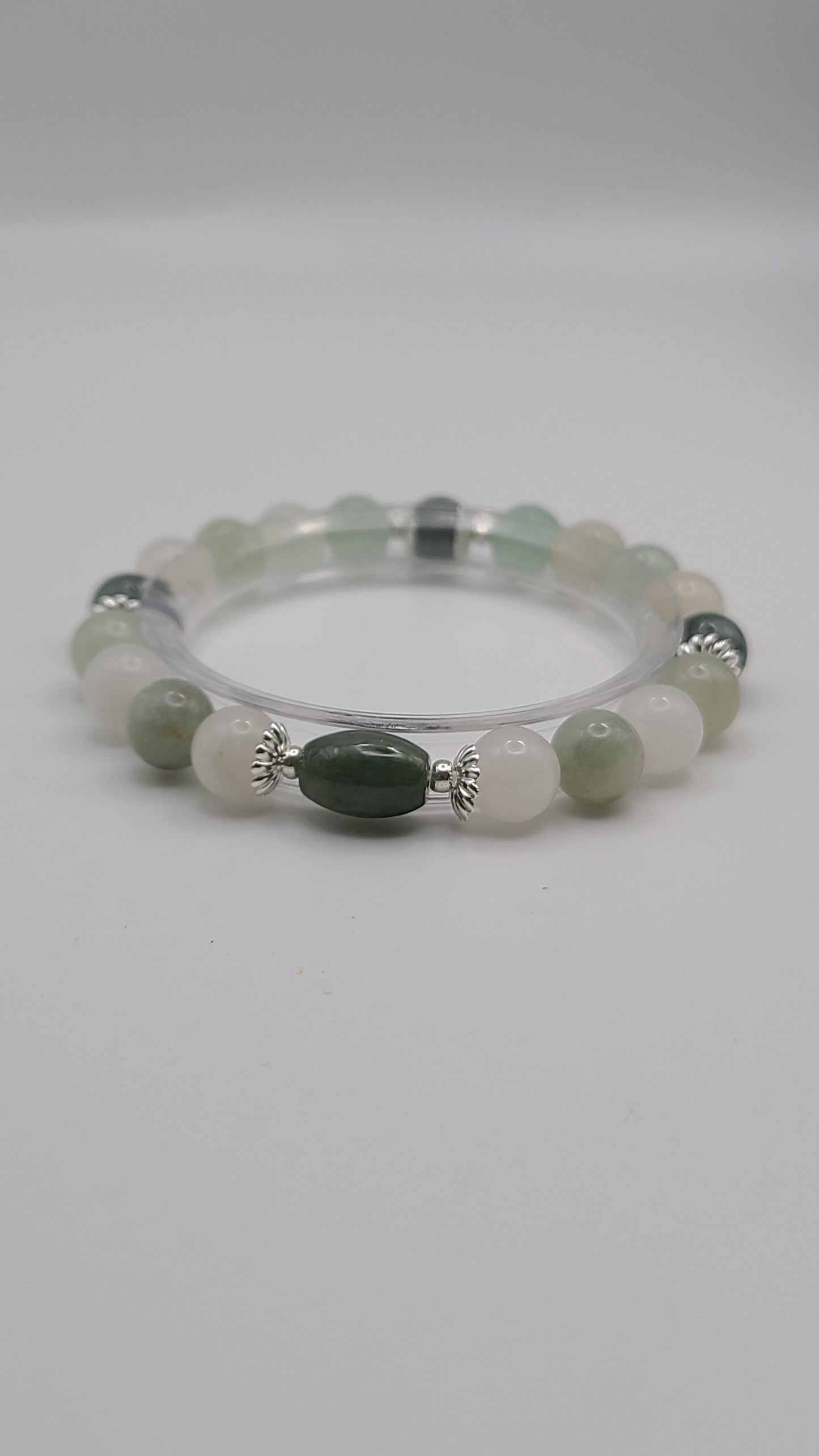 Natural Gemstone Bracelet- Emerald Jade and Green Jade Oval Barrel Bead.