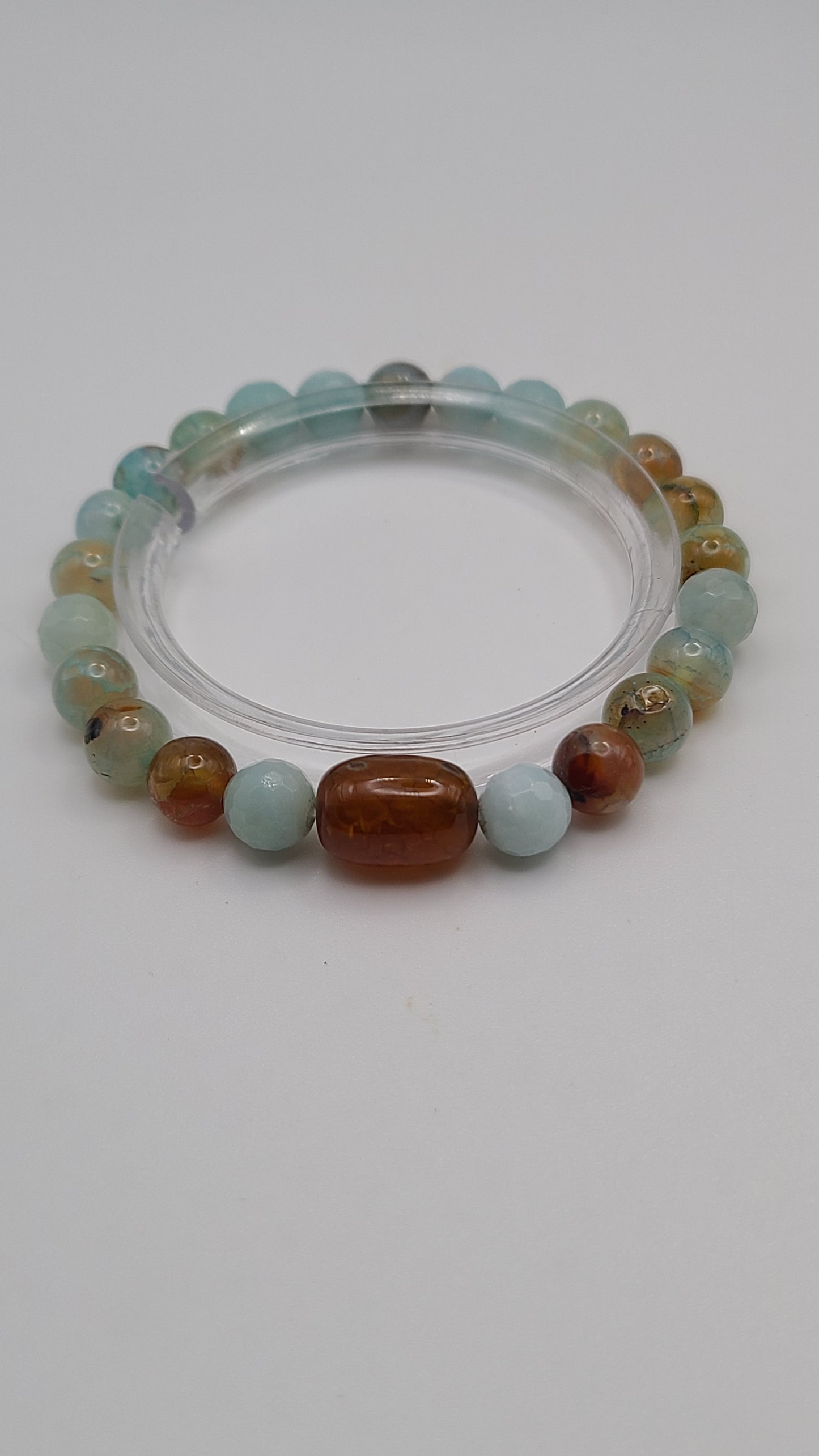 Natural Gemstone Bracelet- Blue Crackle Agate, Faceted Amazonite Red Agate Oval Barrel Bead..