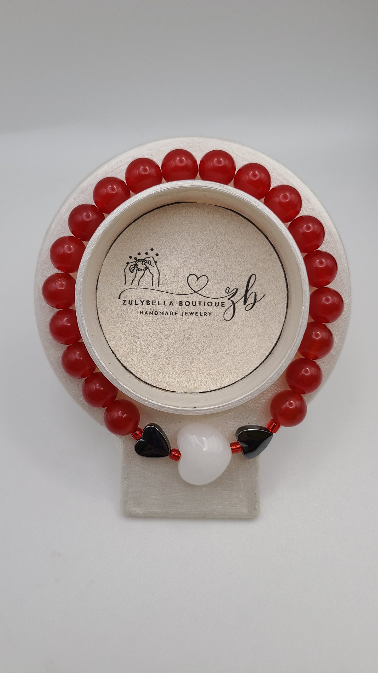 Natural Gemstone Bracelet- Red Jade with Snow Quartz Heart Shaped Bead.