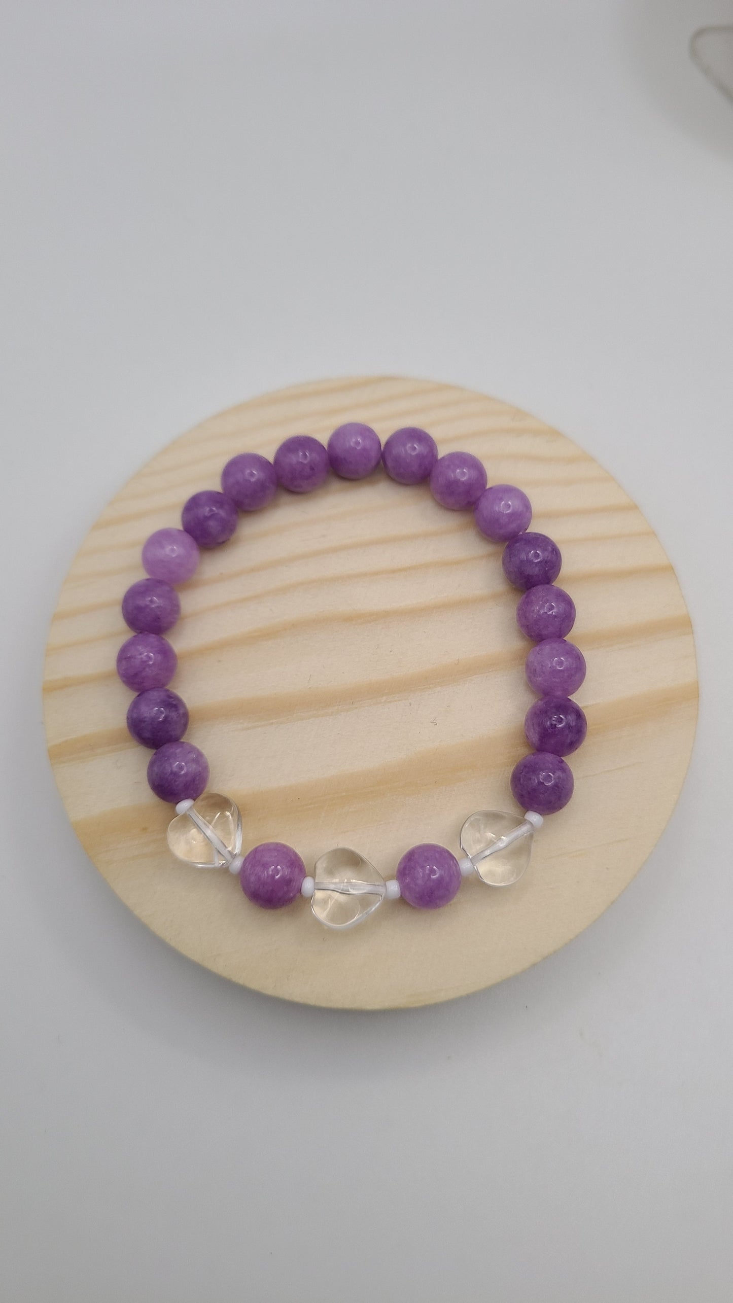 Natural Gemstone Bracelet with Glazed Clear Glass Hearts- Choose Style- Mauve Jade or Pink Sea Shell