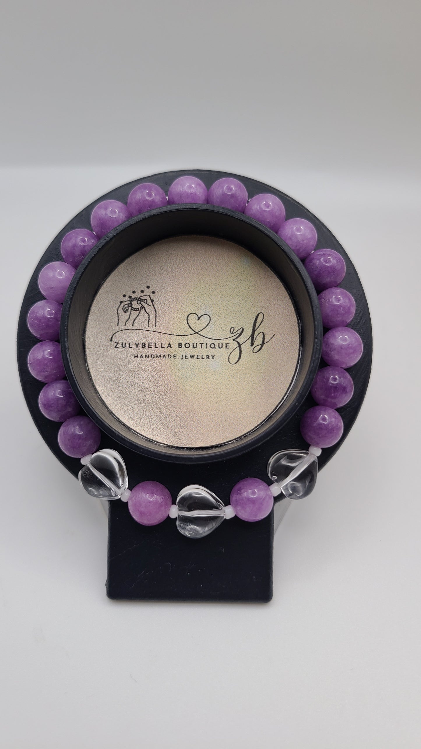 Natural Gemstone Bracelet with Glazed Clear Glass Hearts- Choose Style- Mauve Jade or Pink Sea Shell