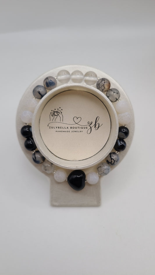 Natural Gemstone Bead Bracelet with Black Agate Heart- Black and White