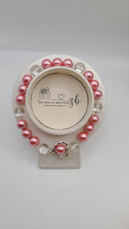 Pink Sea Shell Pearl Bracelet with Clear Crystal and Heart Shaped Bead Frame