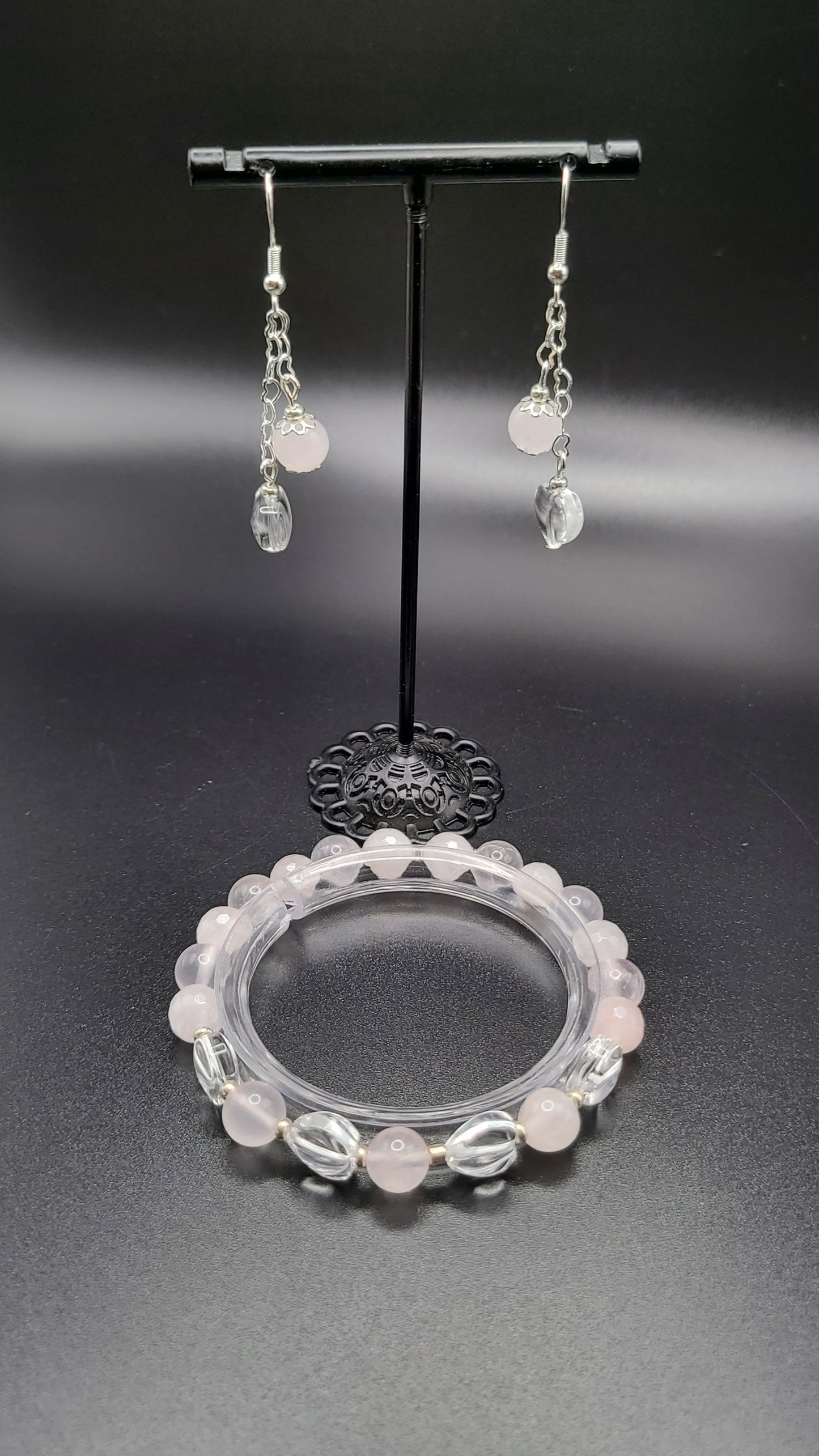 Natural Gemstone Bracelet and Earring Set- Faceted and Icy Rose Quartz with Glass Glazed Heart