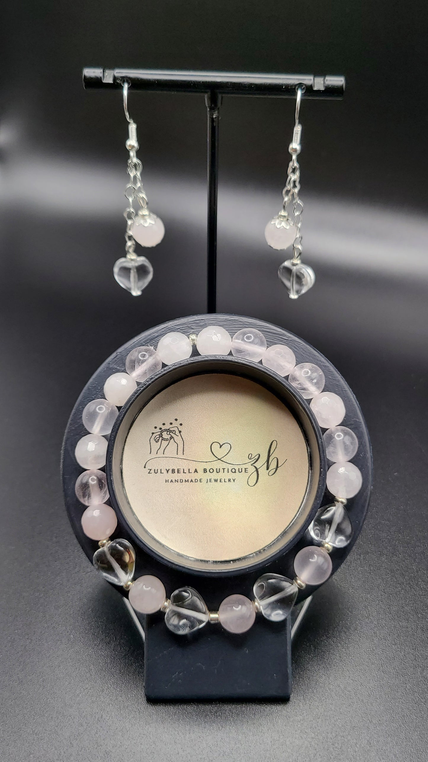 Natural Gemstone Bracelet and Earring Set- Faceted and Icy Rose Quartz with Glass Glazed Heart