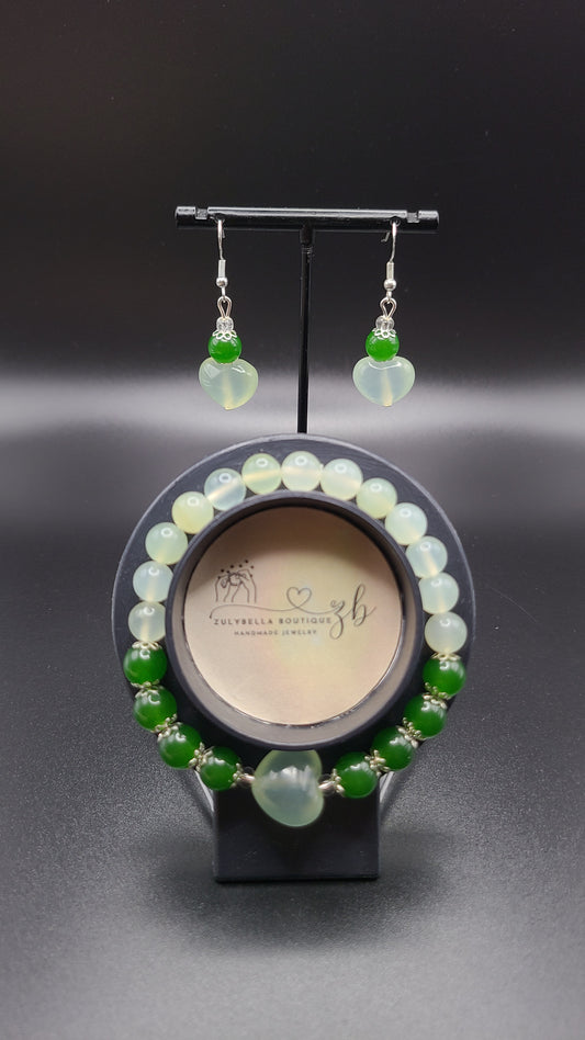 Natural Gemsotne Bracelet and Earrings Set with Heart- Green Jade and Aventurine