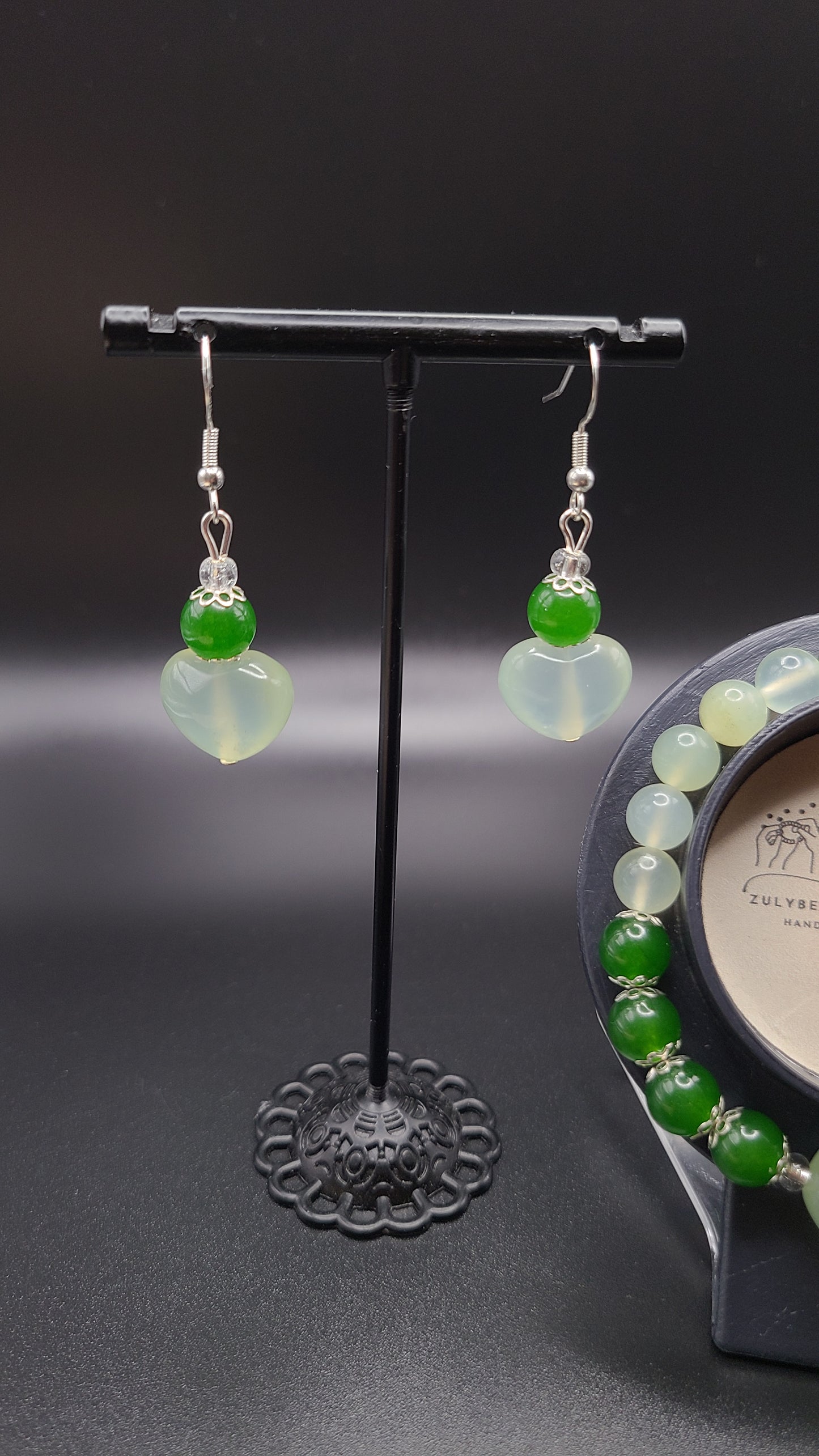 Natural Gemsotne Bracelet and Earrings Set with Heart- Green Jade and Aventurine