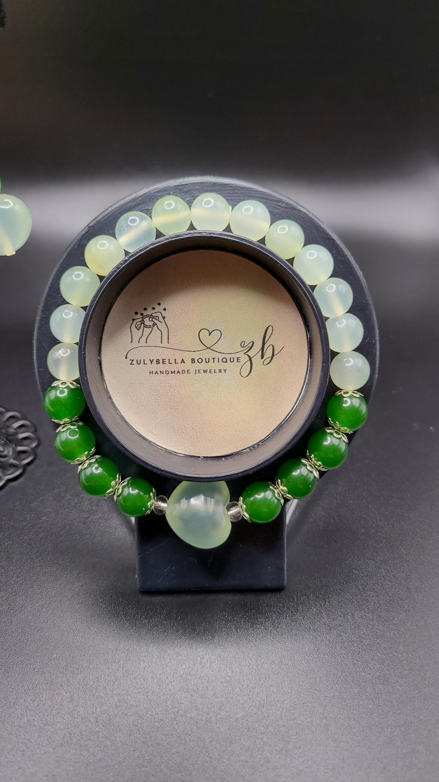 Natural Gemsotne Bracelet and Earrings Set with Heart- Green Jade and Aventurine