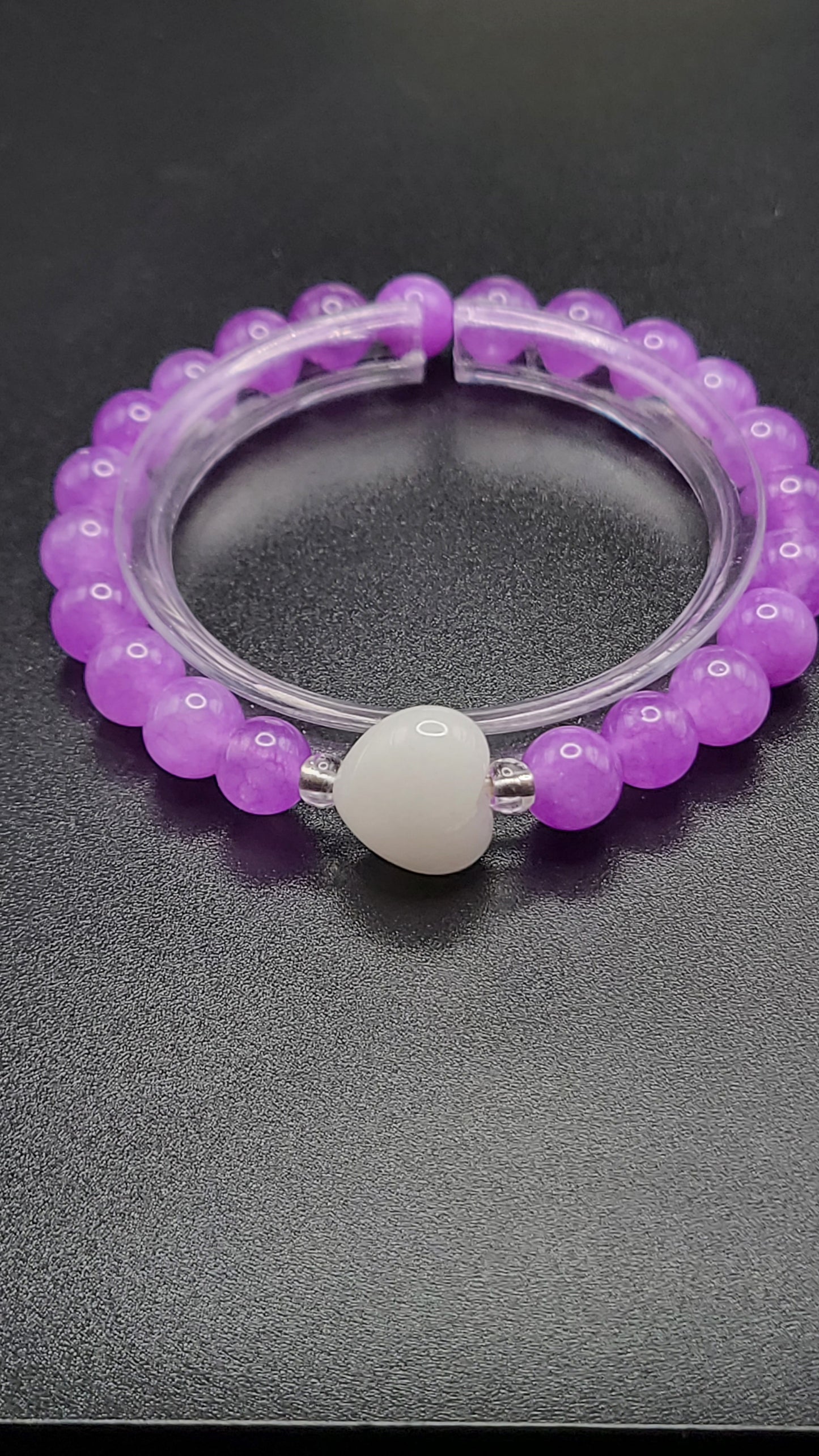 Natural Gemstone Bracelet- Violet Jade and Snow Quartz Heart