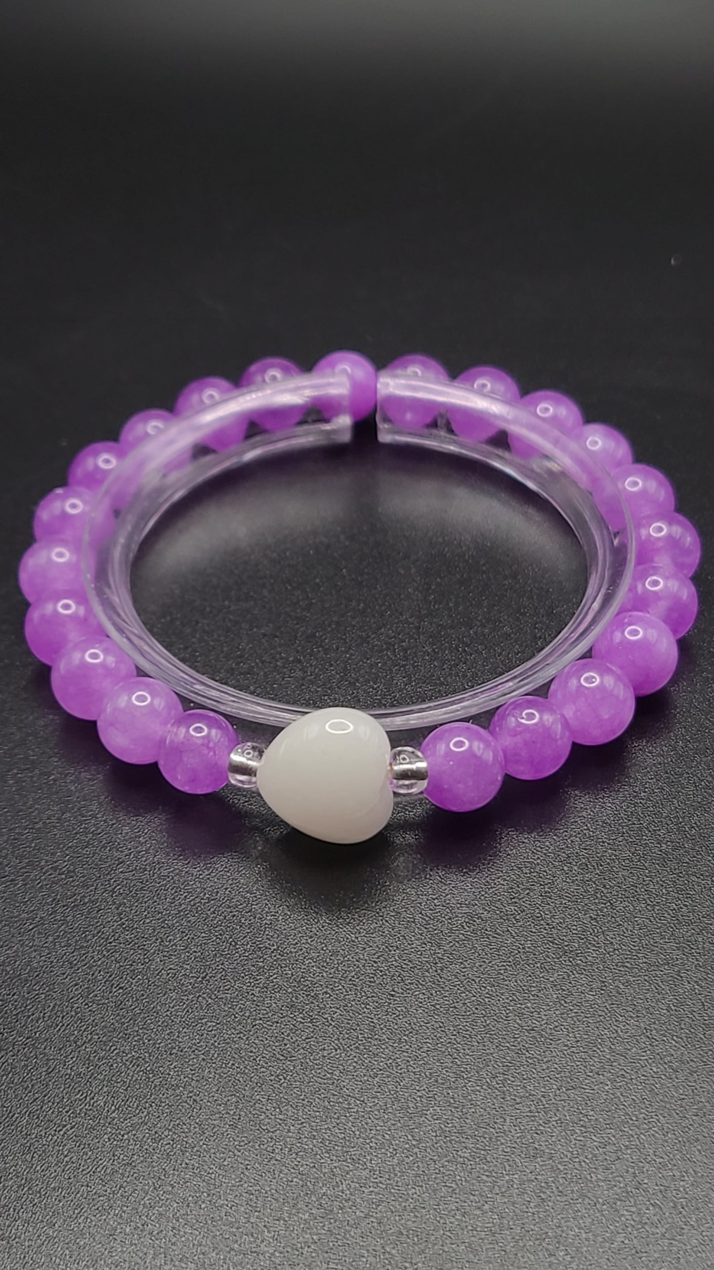 Natural Gemstone Bracelet- Violet Jade and Snow Quartz Heart