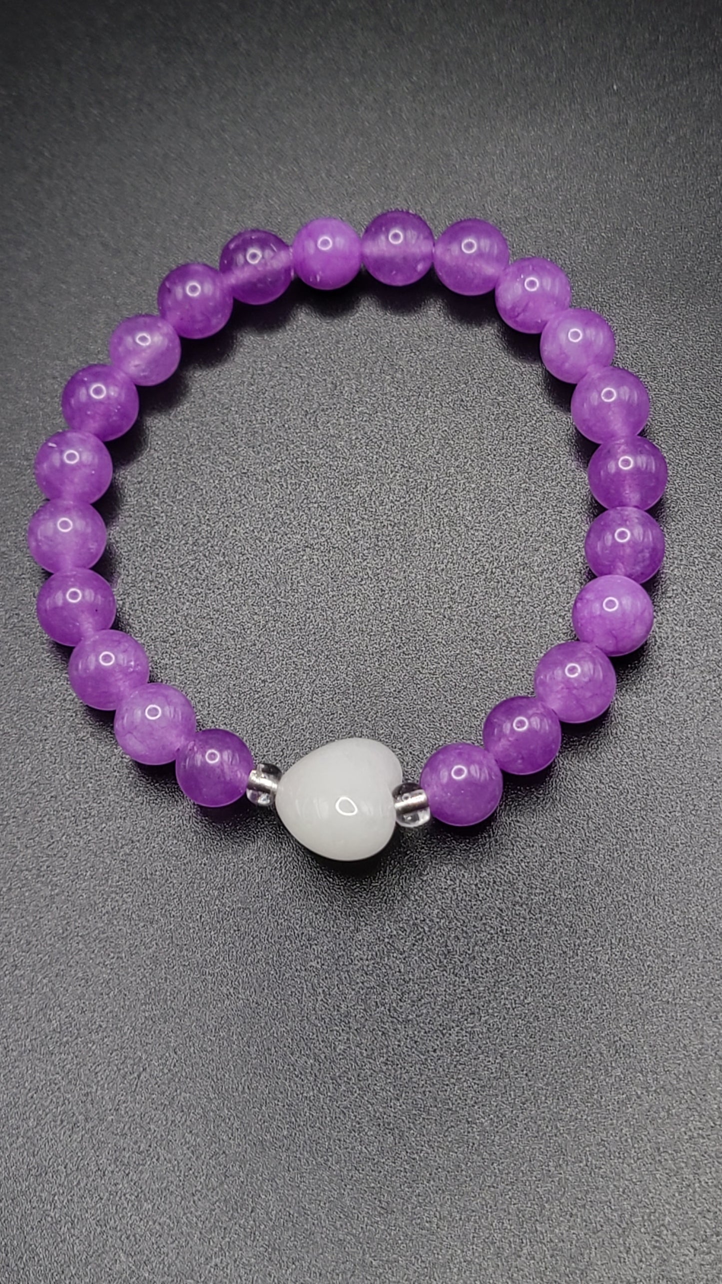 Natural Gemstone Bracelet- Violet Jade and Snow Quartz Heart