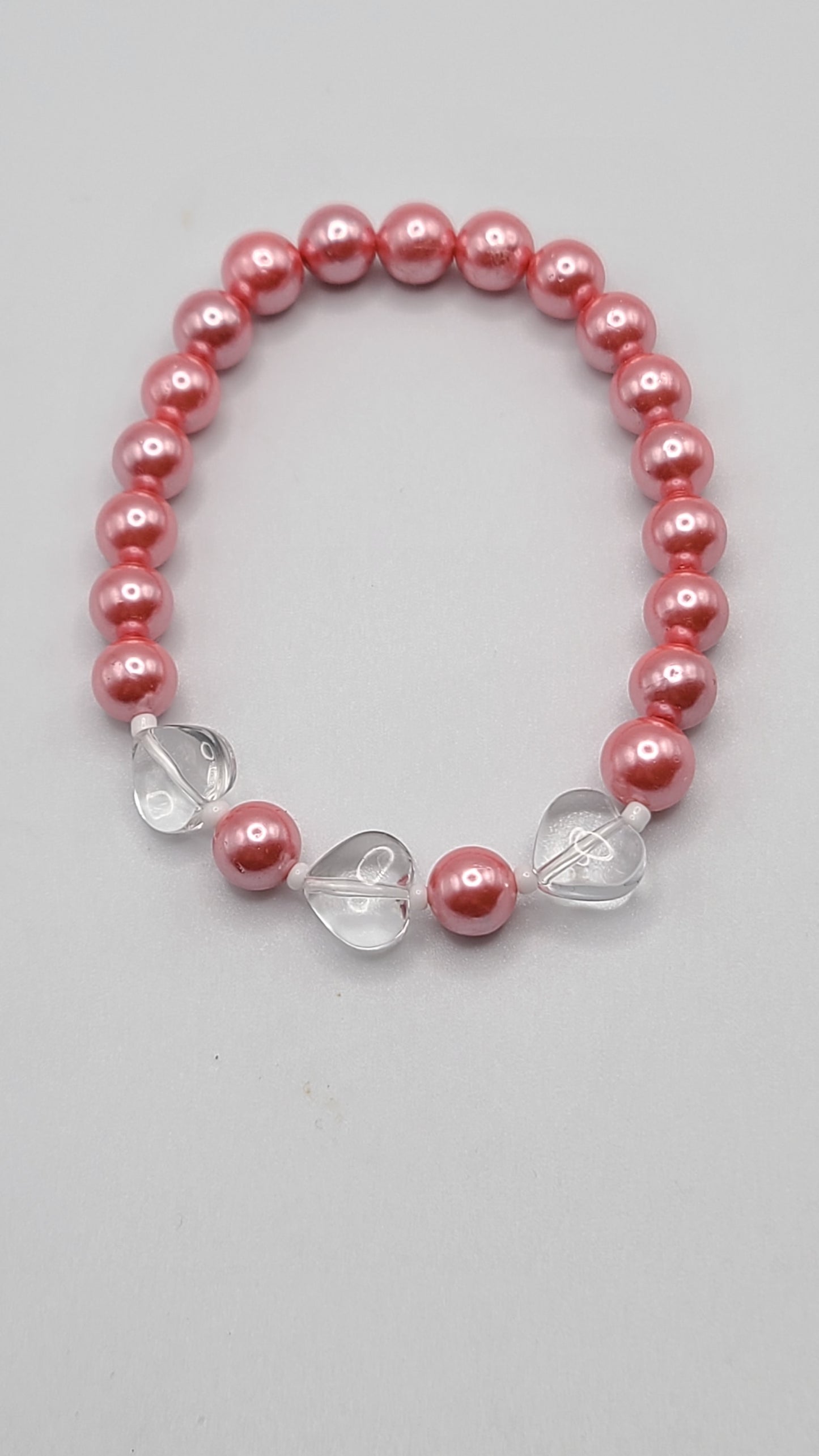 Natural Gemstone Bracelet with Glazed Clear Glass Hearts- Choose Style- Mauve Jade or Pink Sea Shell