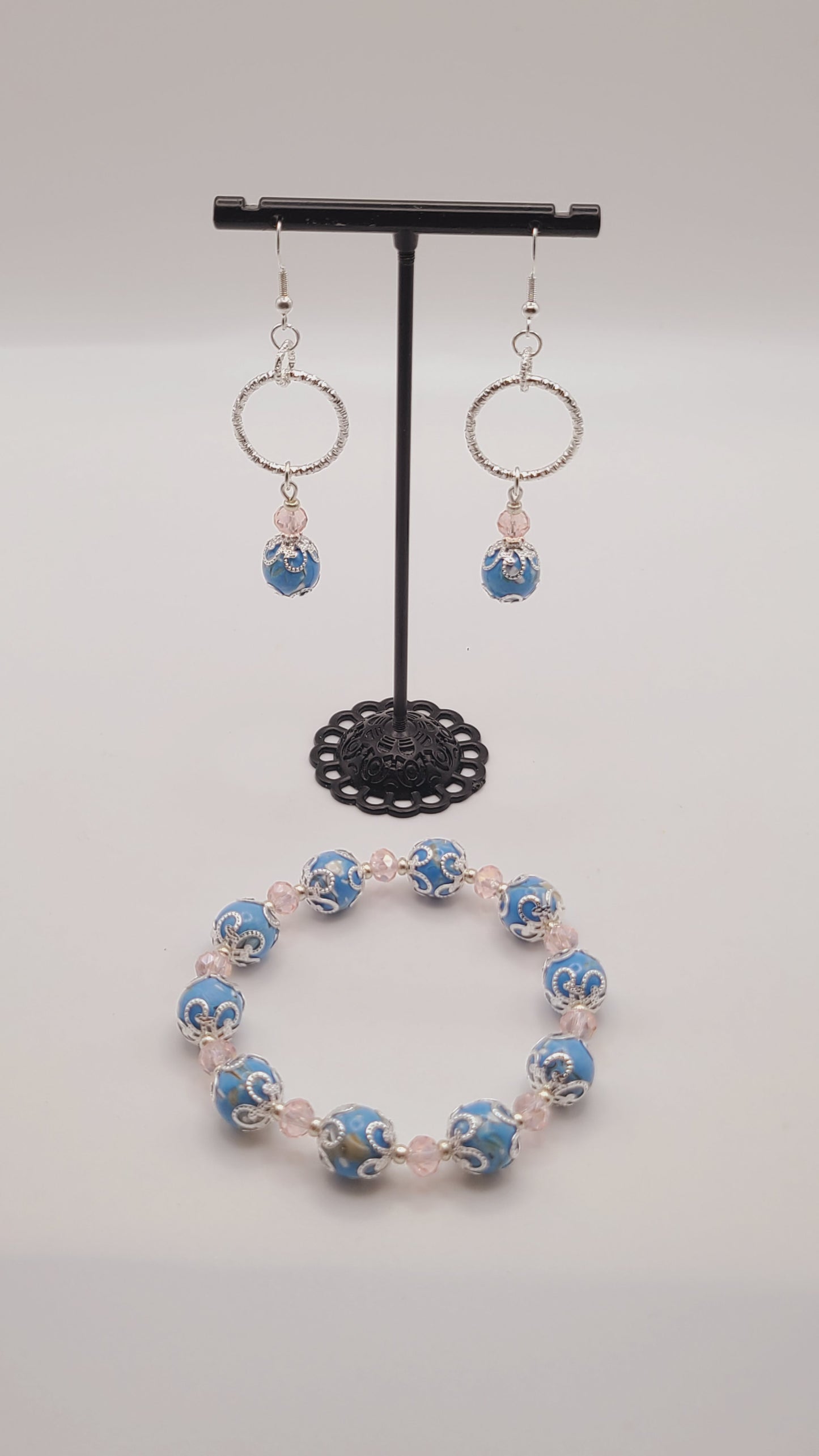 Glass and Sea Shell Bead Bracelet and Earring Set- Blue and Pink