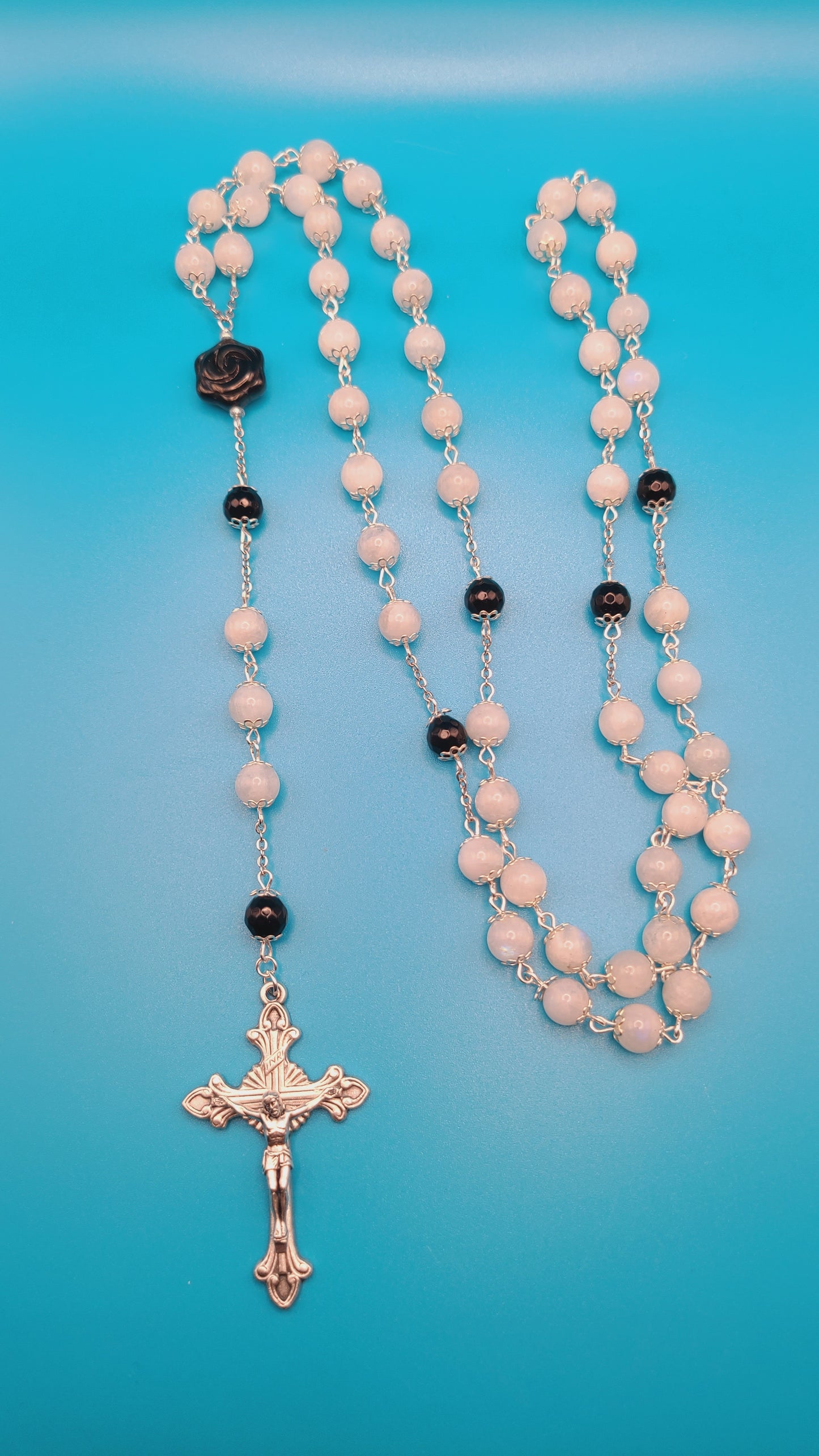 Beaded Rosary- White Moonstone and Faceted Onyx