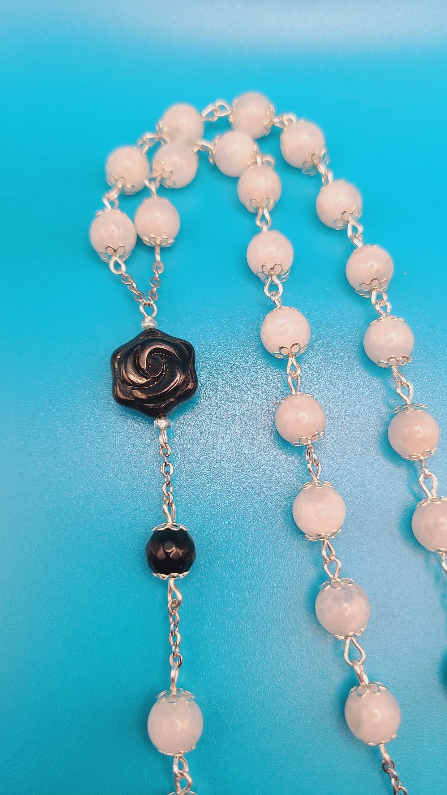 Beaded Rosary- White Moonstone and Faceted Onyx