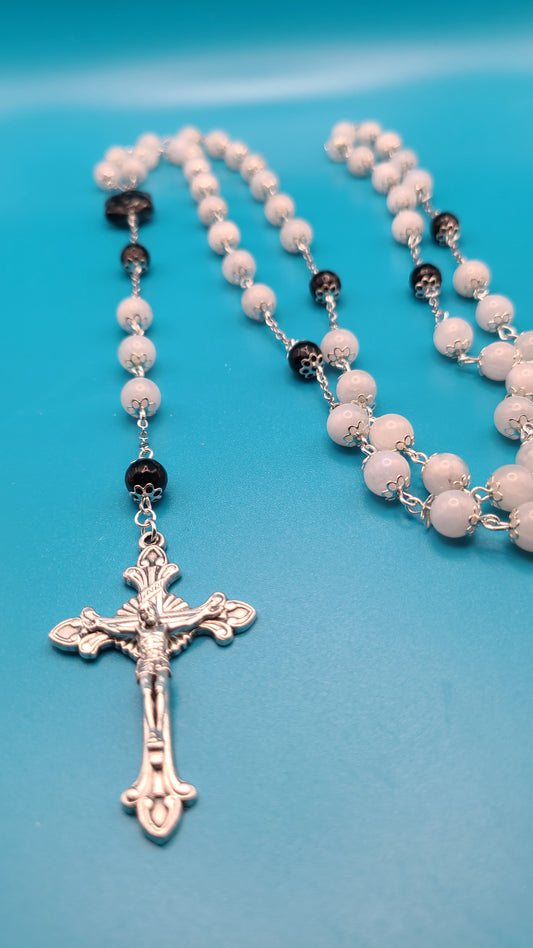 Beaded Rosary- White Moonstone and Faceted Onyx