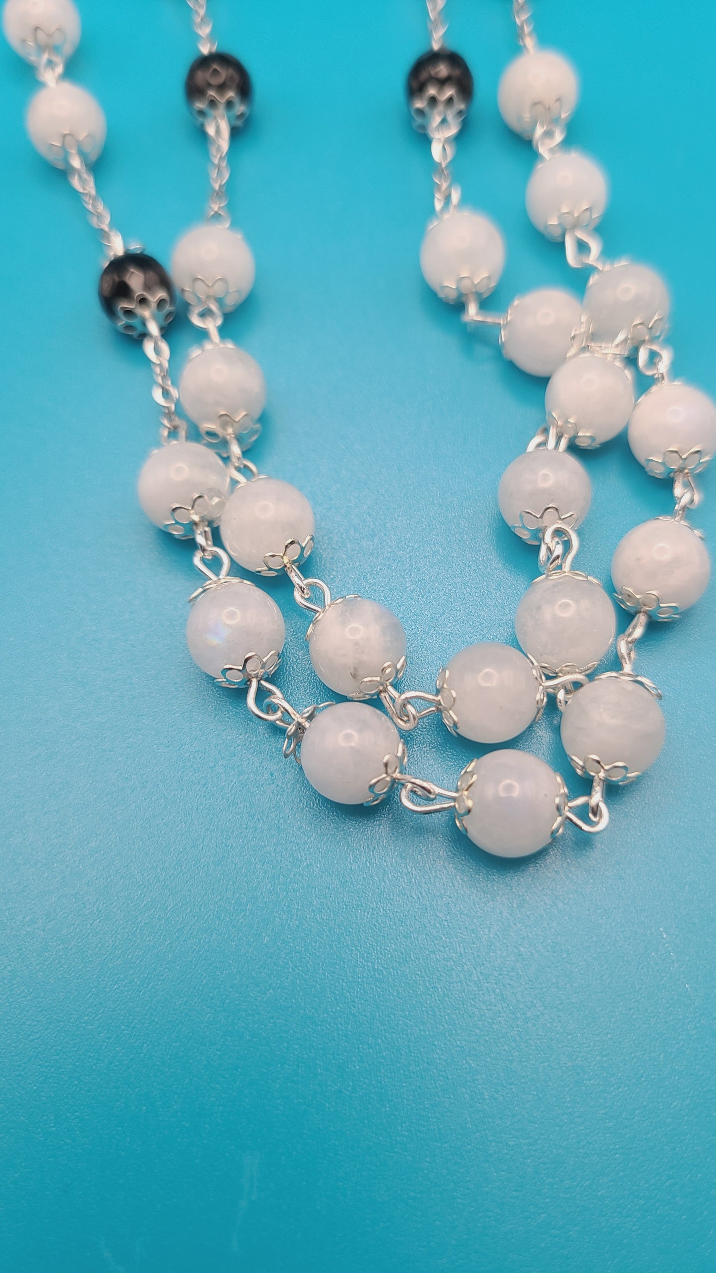 Beaded Rosary- White Moonstone and Faceted Onyx