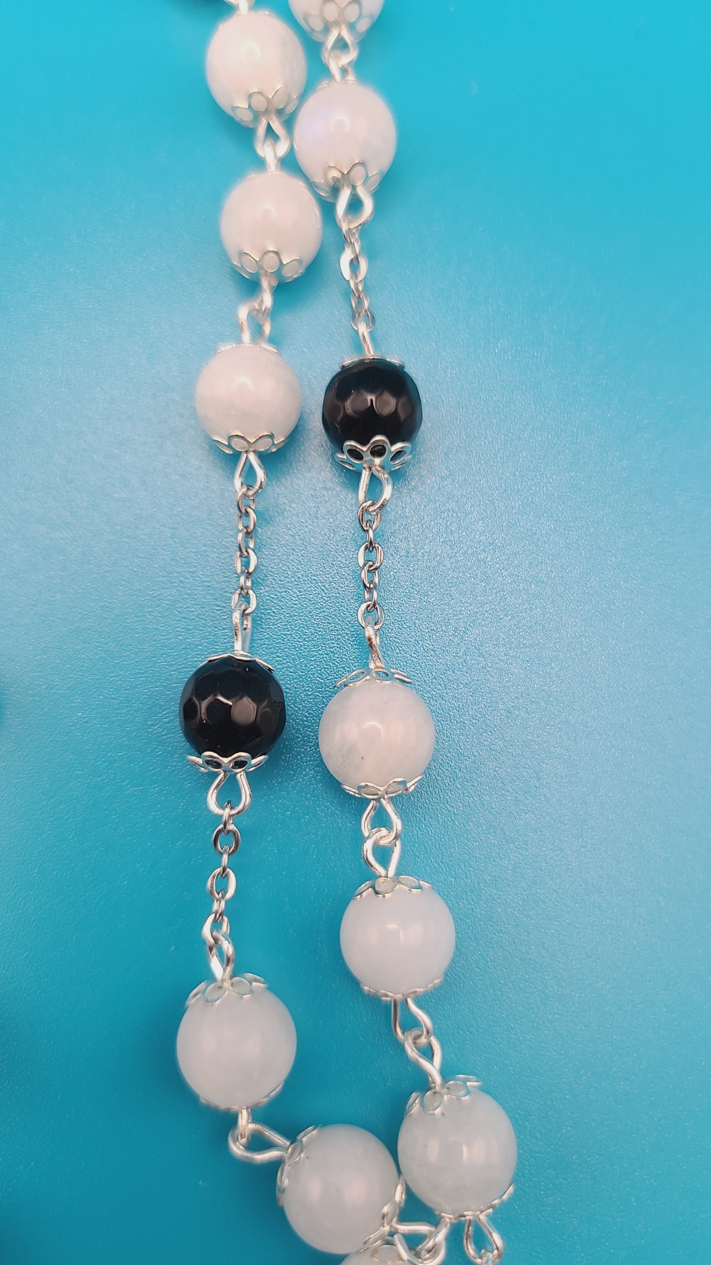 Beaded Rosary- White Moonstone and Faceted Onyx